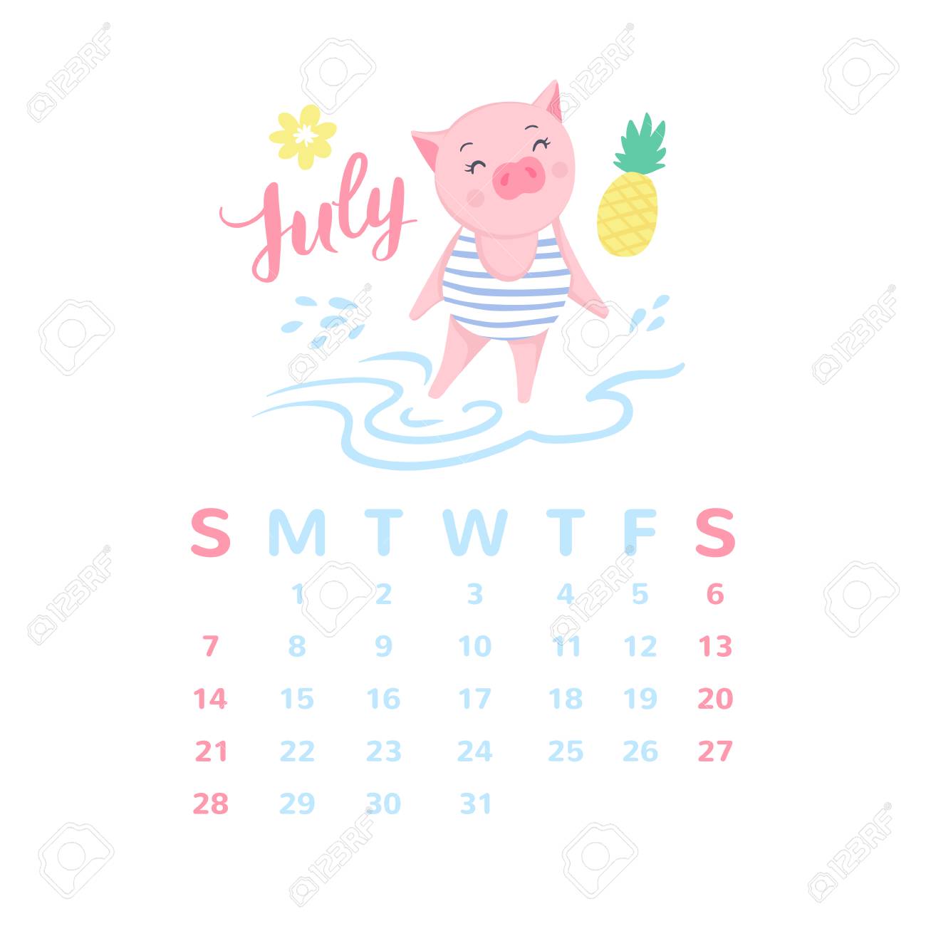 cartoon calendar 2019 with cute pigs july month elements for calendar 2019 by month