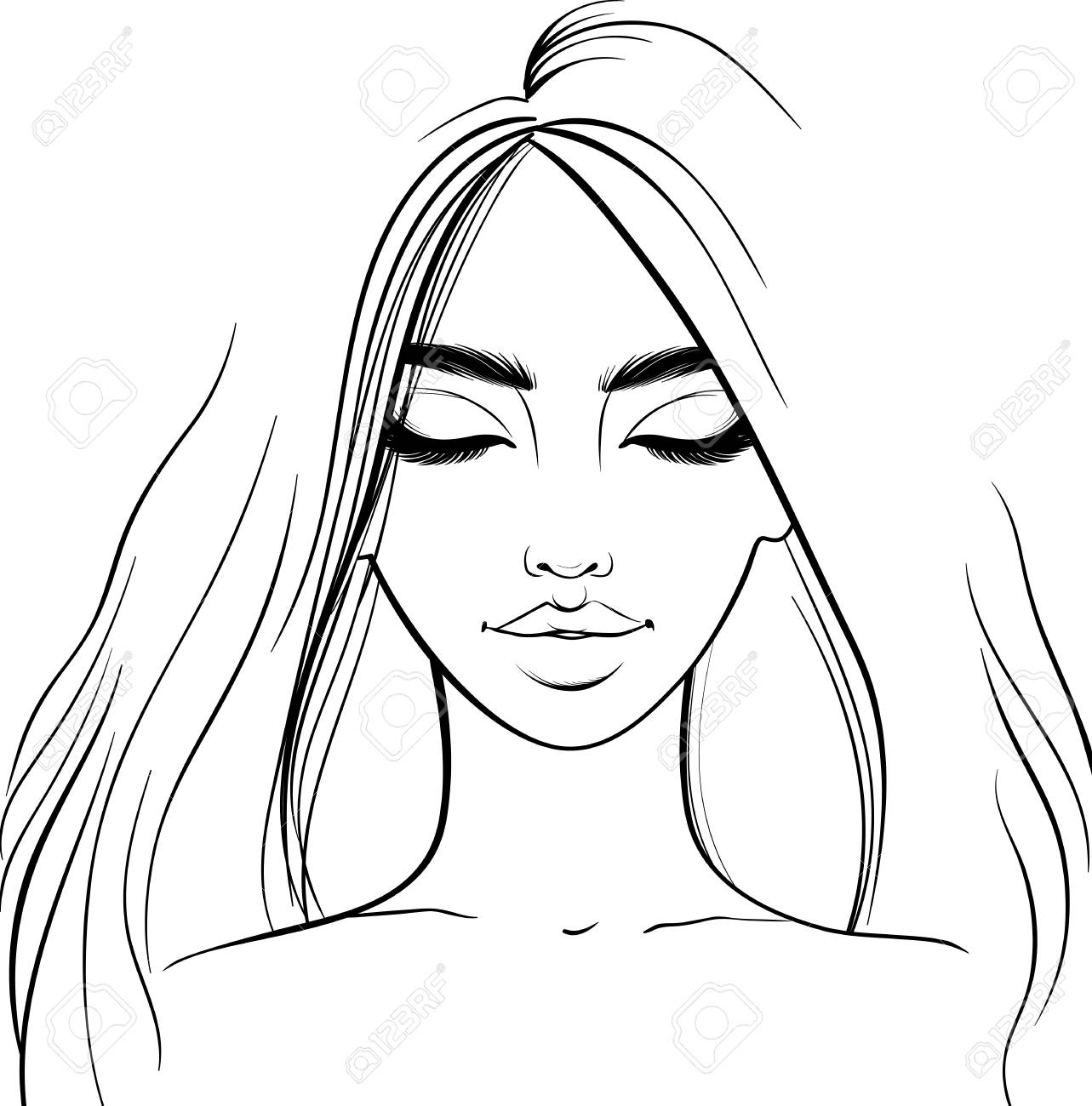 Beautiful Girl Portrait. Vector Woman With Closed Eyes. Sketch Style.  Fashion Illustration. Outline Drawing. Line Art. Клипарты, SVG, векторы, и  Набор Иллюстраций Без Оплаты Отчислений. Image 124803139.
