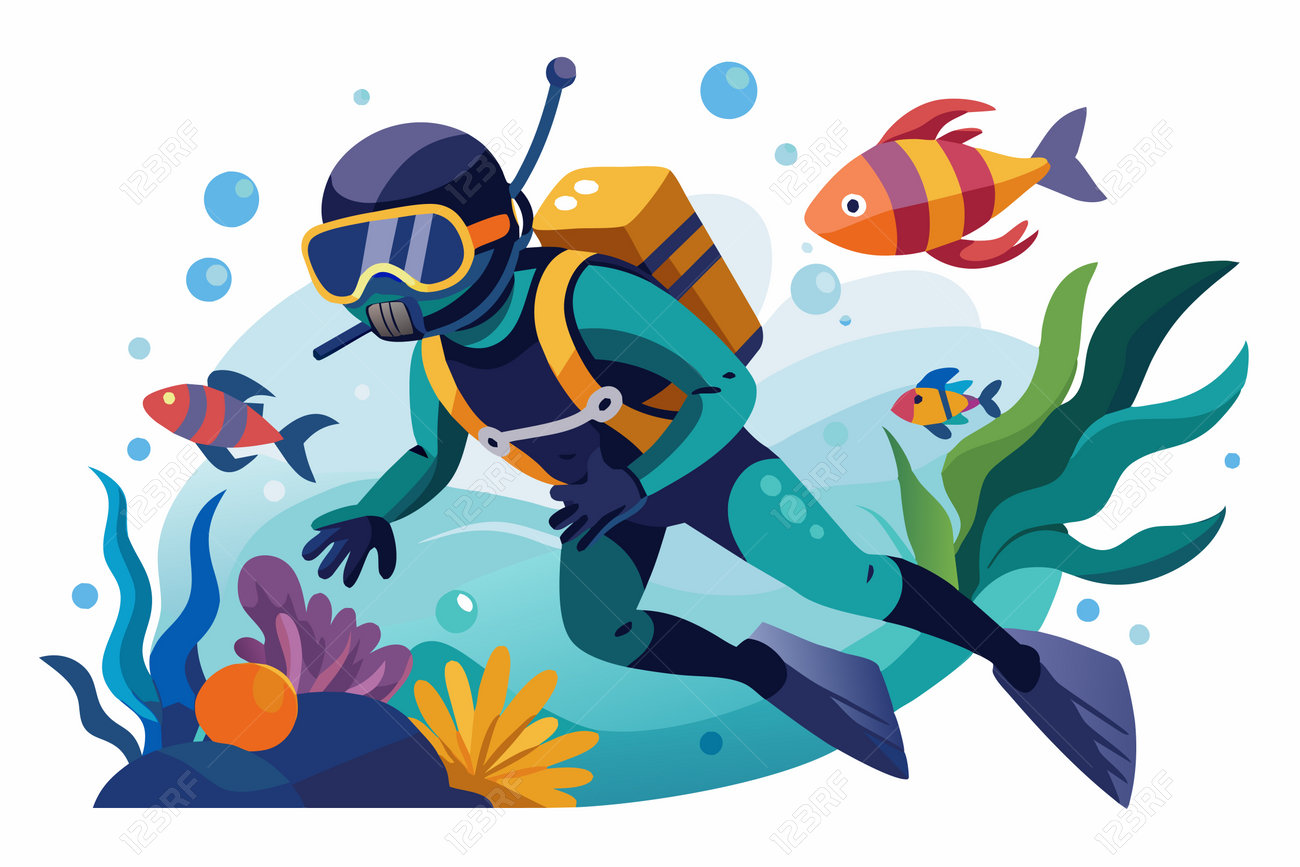 スキューバ 白い背景に隔離されたスキューバダイバー、グラフィックイラスト、水中アドベンチャー、スキューバダイビング、観光、プリント、デザイン要素のコンセプトのイラスト素材・ベクター  Image 230523336