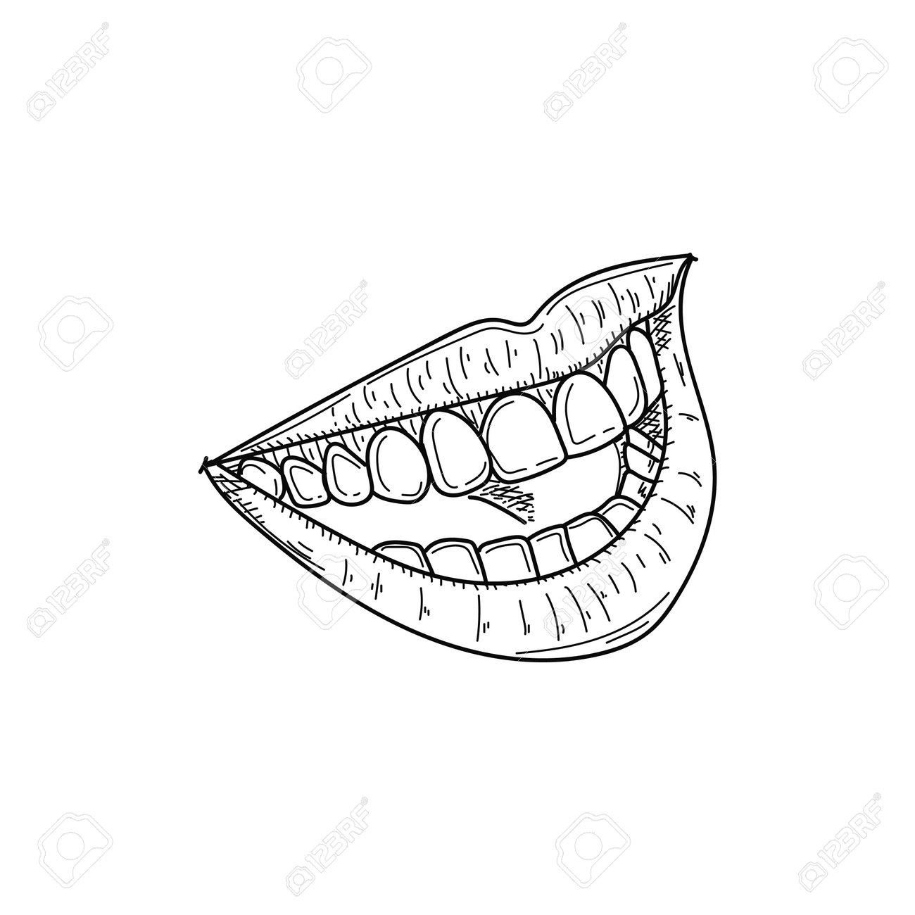 Drawing, Engraving, Ink, Line Art, Vector Illustration Laughing Mouth With  Great Teeth Sketch In Silhouette On A White Background. Royalty Free SVG,  Cliparts, Vectors, and Stock Illustration. Image 175075215., image size:1300x1300