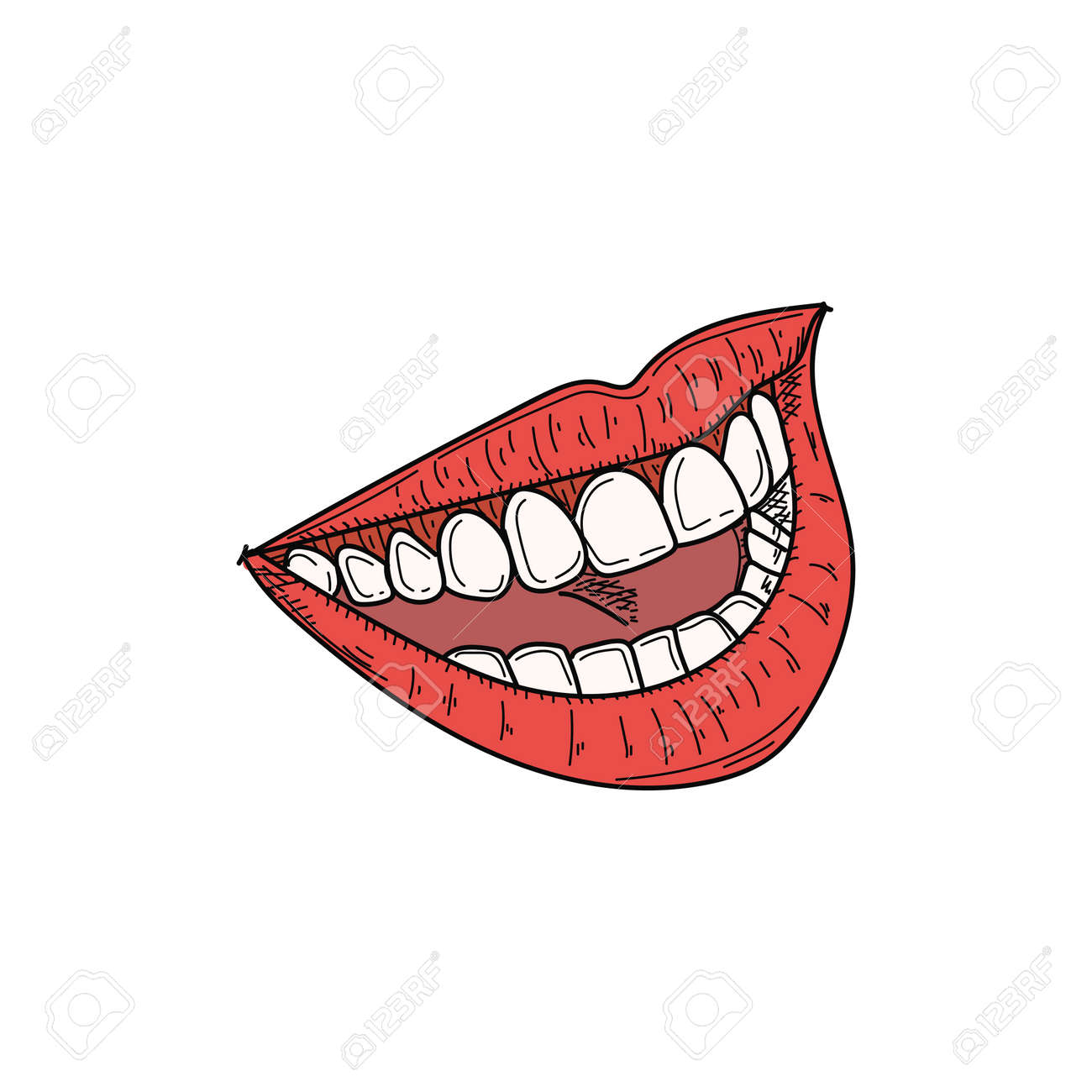 Drawing, Engraving, Ink, Line Art, Vector Illustration Laughing Mouth With  Great Teeth Colored Sketch In Silhouette On A White Background. Royalty  Free SVG, Cliparts, Vectors, and Stock Illustration. Image 175855581., image size:1300x1300