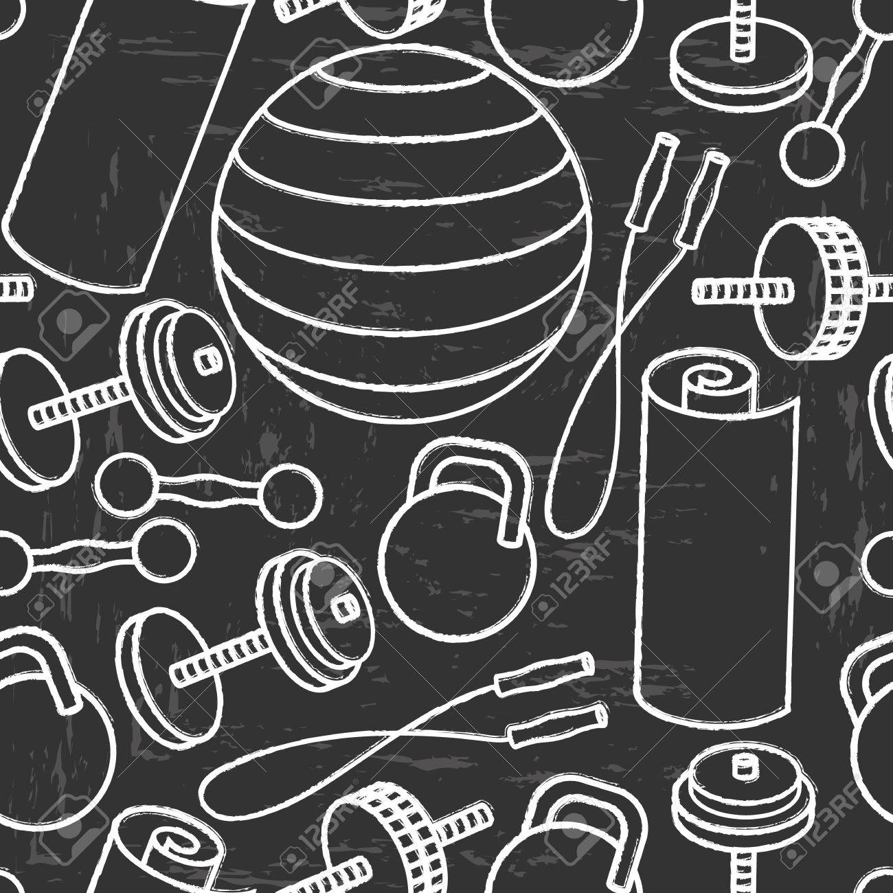 ジム用のシームレス パターン 黒グランジ背景にフィットネス トレーニング用機器の壁紙 のイラスト素材 ベクタ Image