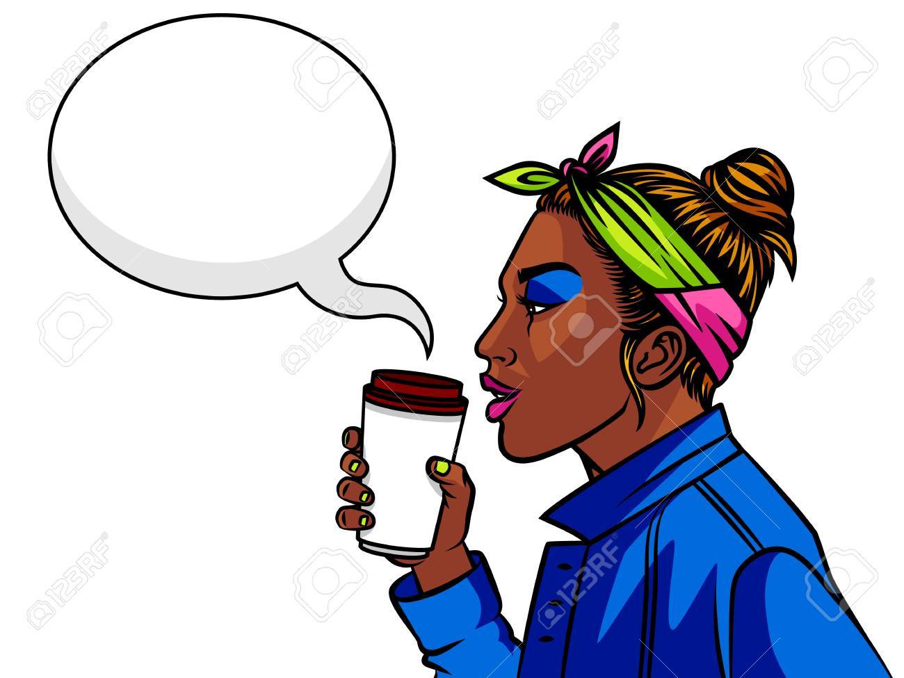 90 年代に 10 代の少女を褐色肌 コーヒーを飲むスタイル 一杯のコーヒーと若いアフロ アメリカン ガール プロファイルで 90 年代からの女の子の顔 のイラスト素材 ベクタ Image