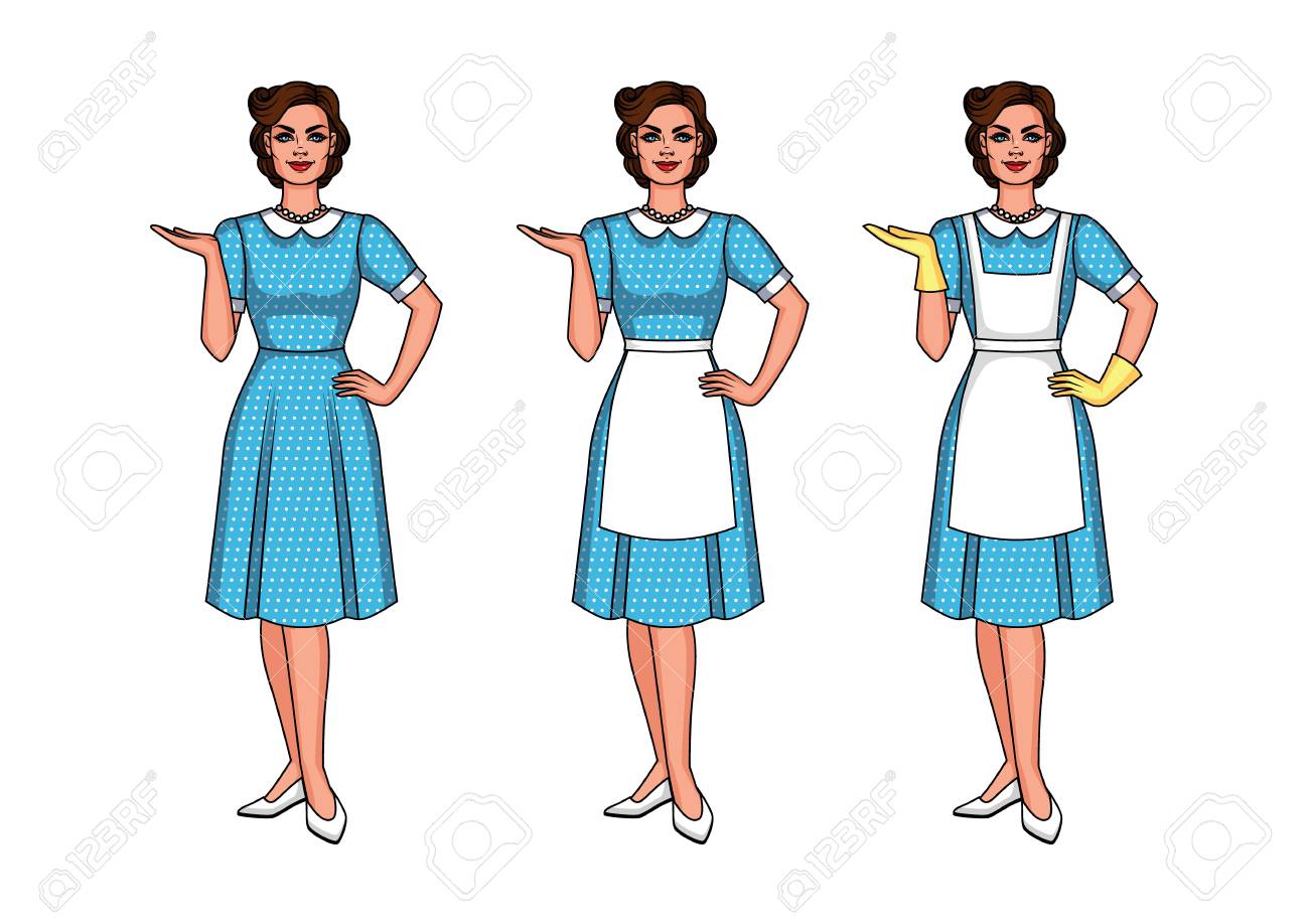 美しい女性の立っている前のベクトル イラストのセットします かわいい女の子は 何かを指しています 40 50 のスタイルで若い女性がエプロン と手袋に身を包んだ のイラスト素材 ベクタ Image