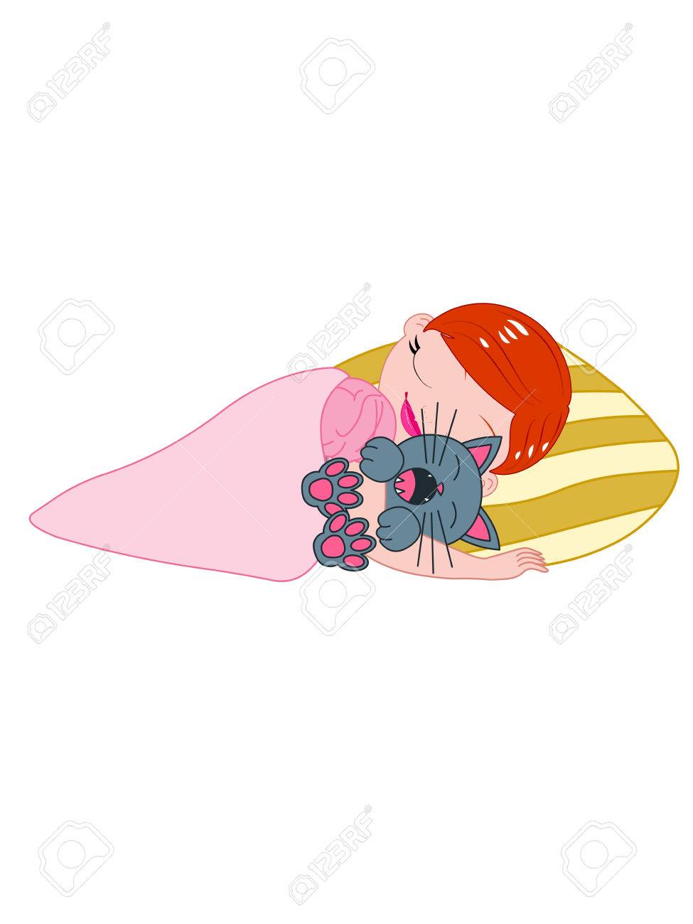 彼女の猫を抱きしめながら ベッドで寝ている女の子のベクトル イラスト のイラスト素材 ベクタ Image 彼女の猫を抱きしめながら ベッドで寝ている女の子のベクトル イラスト のイラスト素材 ベクタ Image