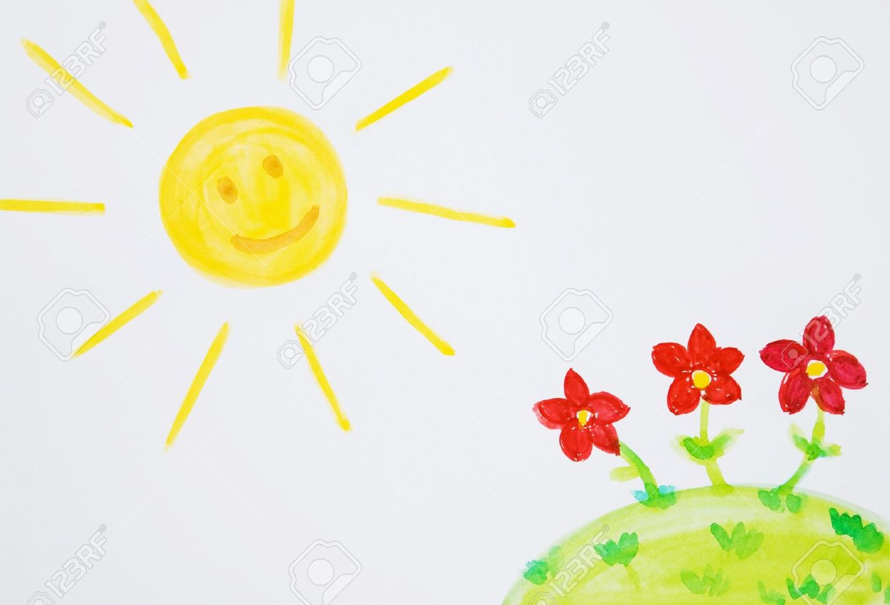 Las Pinturas De Los Niños De Dibujo: El Sol, Las Flores, La Hierba ...