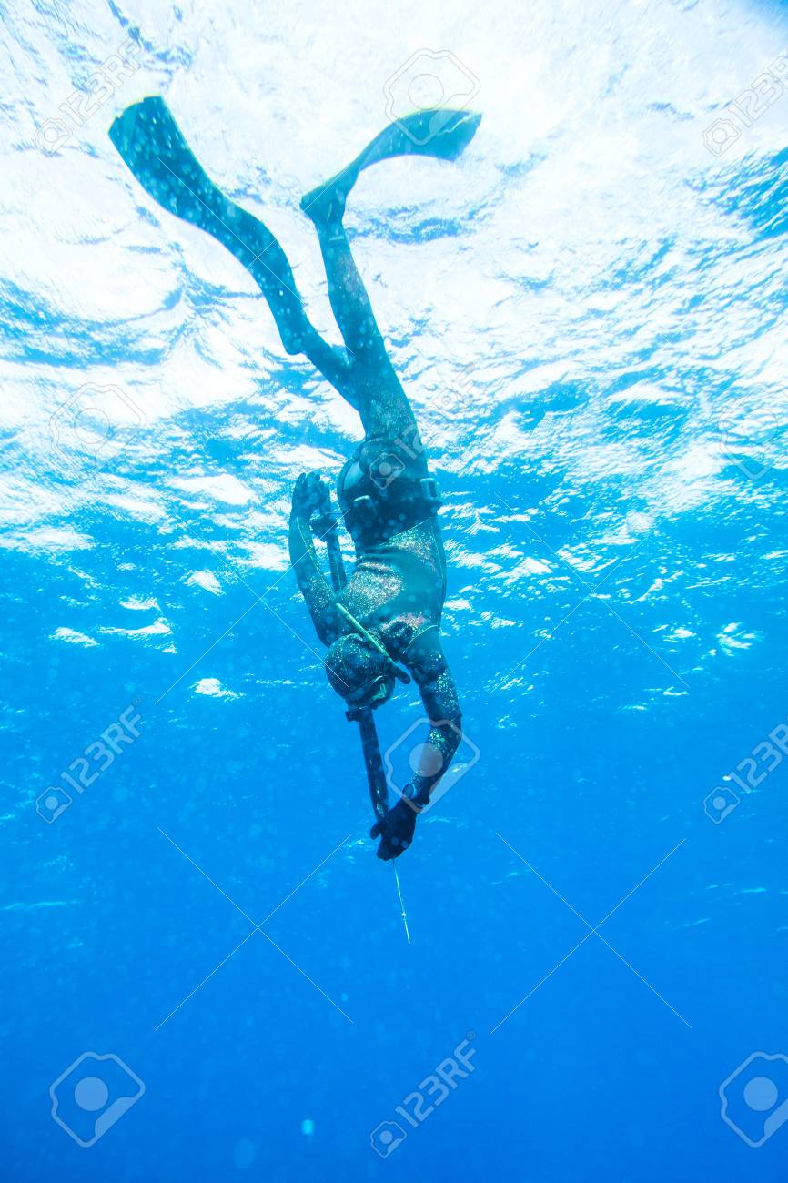 海の深さに潜る水中ハンターの銃で の写真素材 画像素材 Image