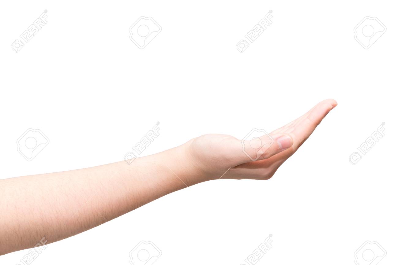 明るい灰色の背景に受け取る準備ができて開いている手のひらで人間の手 の写真素材 画像素材 Image