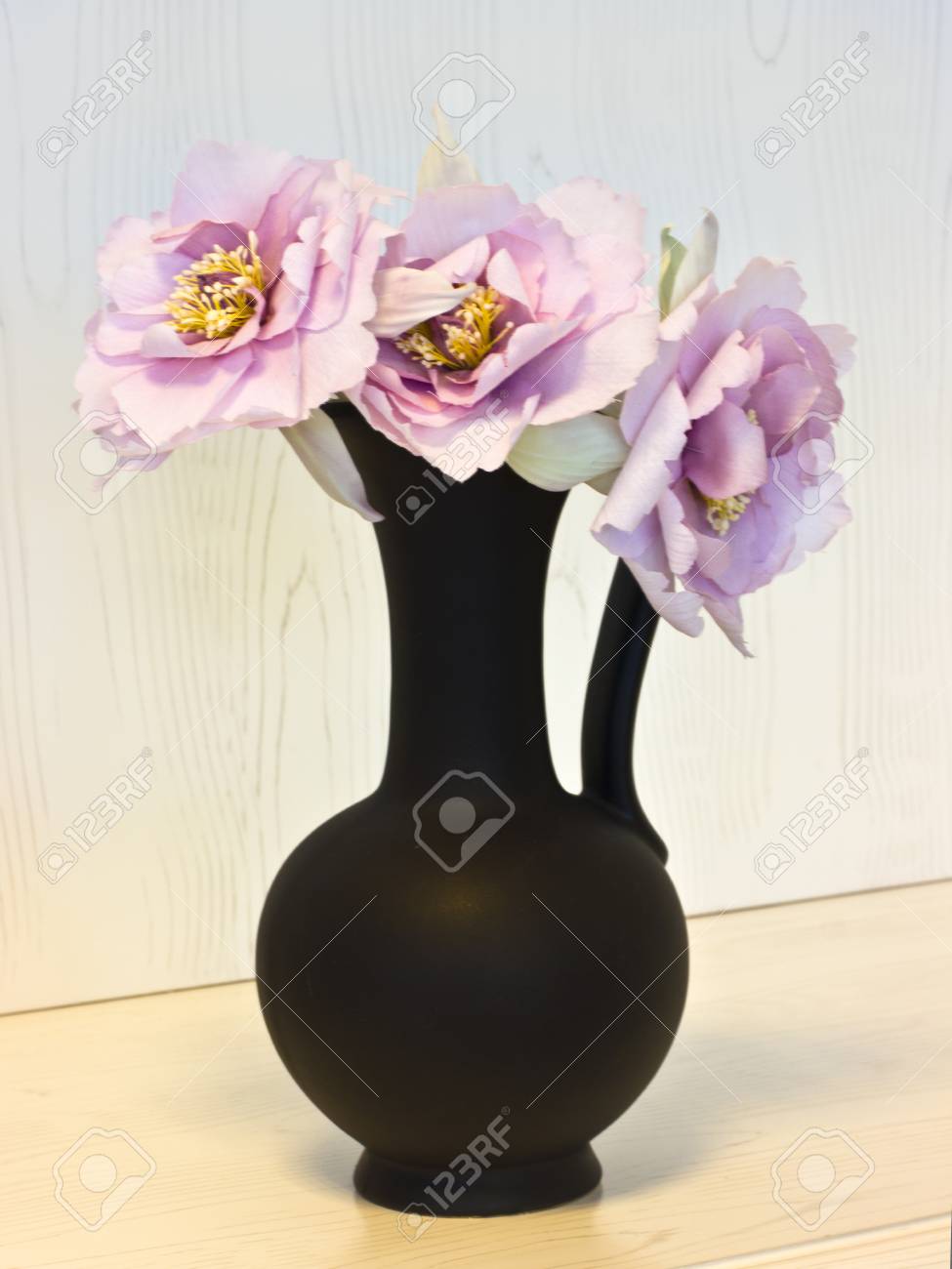 Pink Peonies In A Black Vase Artificial Silk Flowers At The