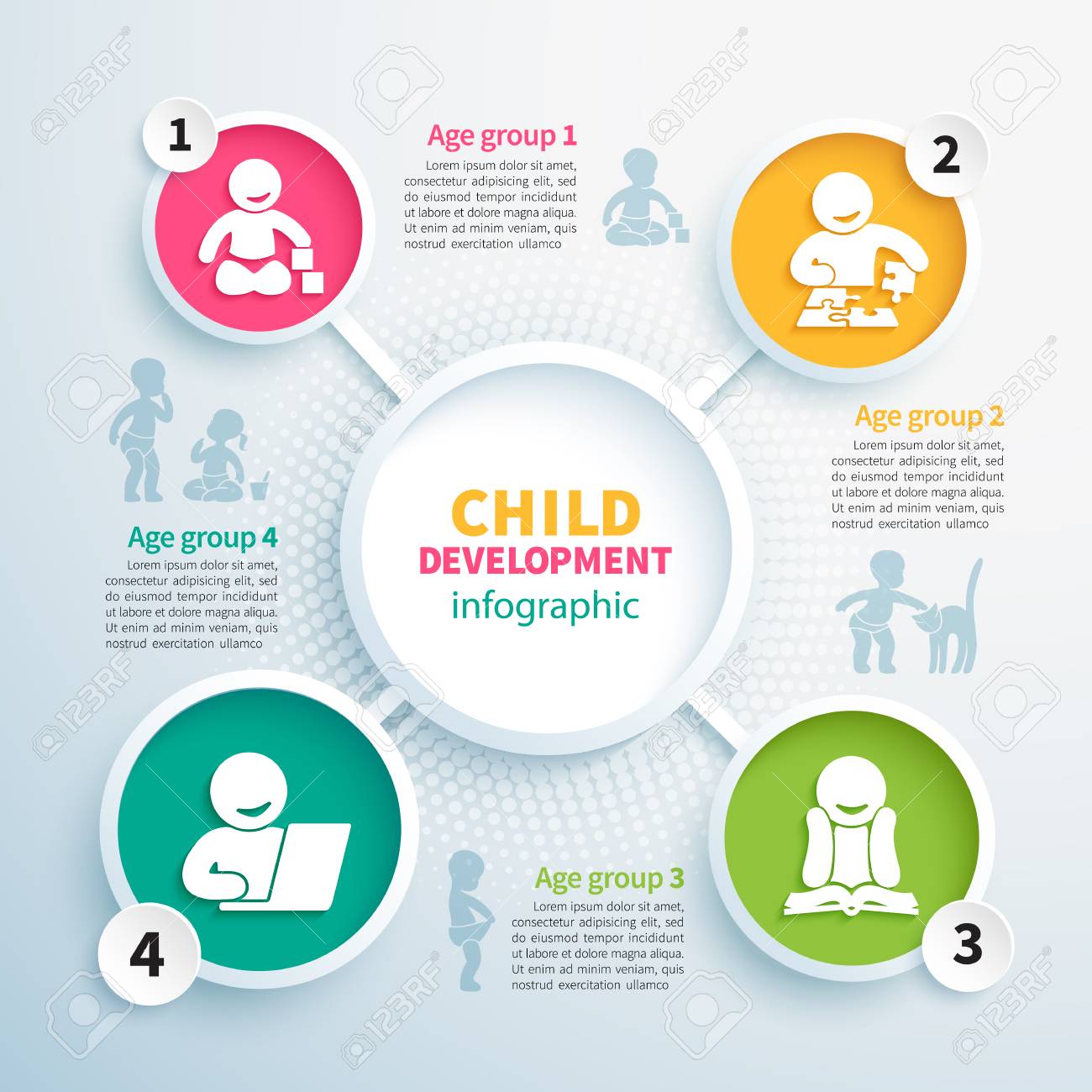 Colorful Vector Infographics Of Child Development Educational Games With Four Icons Of Childrens Intellectual Growth And Silhouettes Of Playing Kids Royalty Free Cliparts Vectors And Stock Illustration Image 46606965