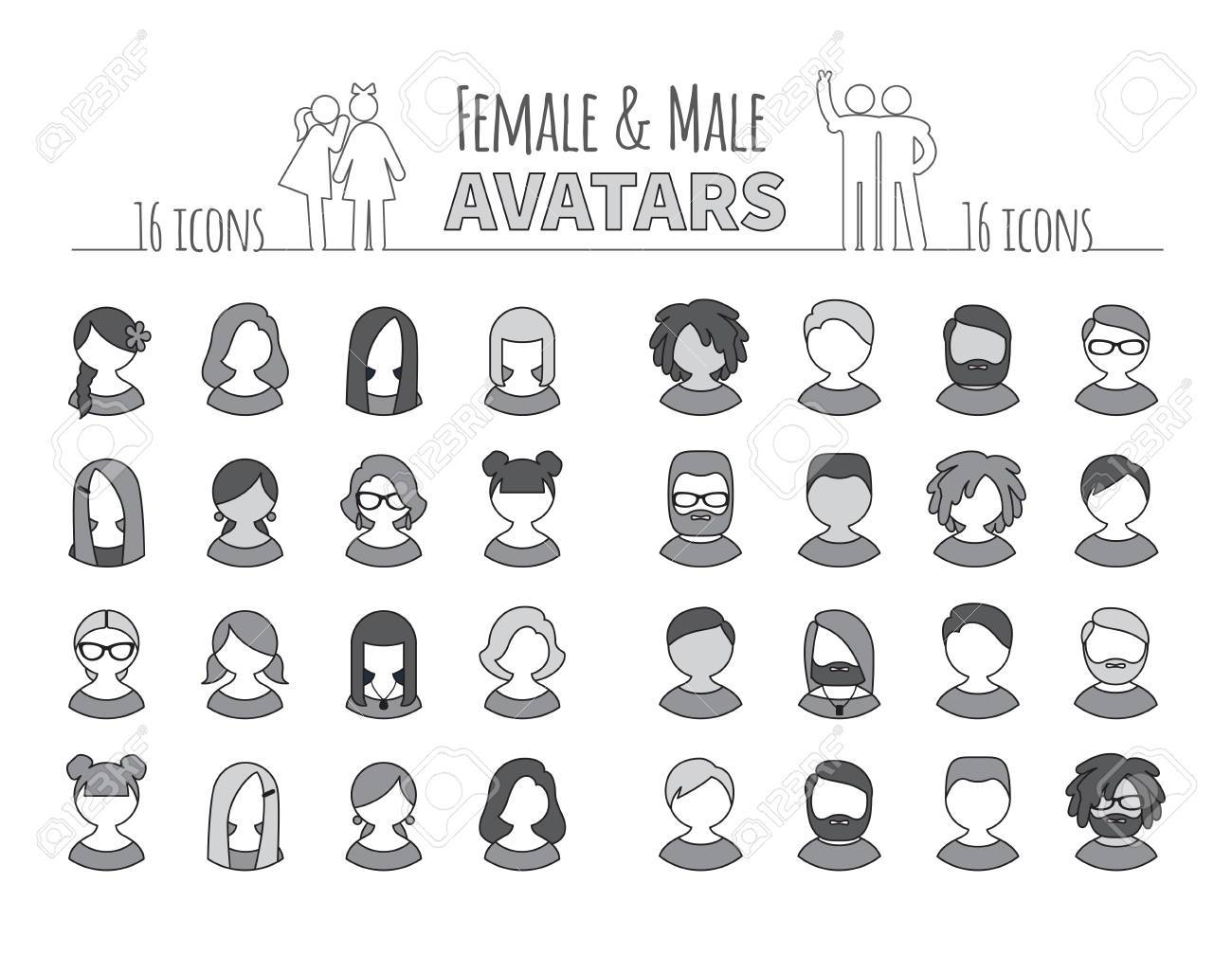 32 白黒フラット ユーザー アイコンが異なる文字 性別 年齢 社会的ネットワークとの通信インタ フェースでのアバターのためのレースのコレクション の イラスト素材 ベクタ Image