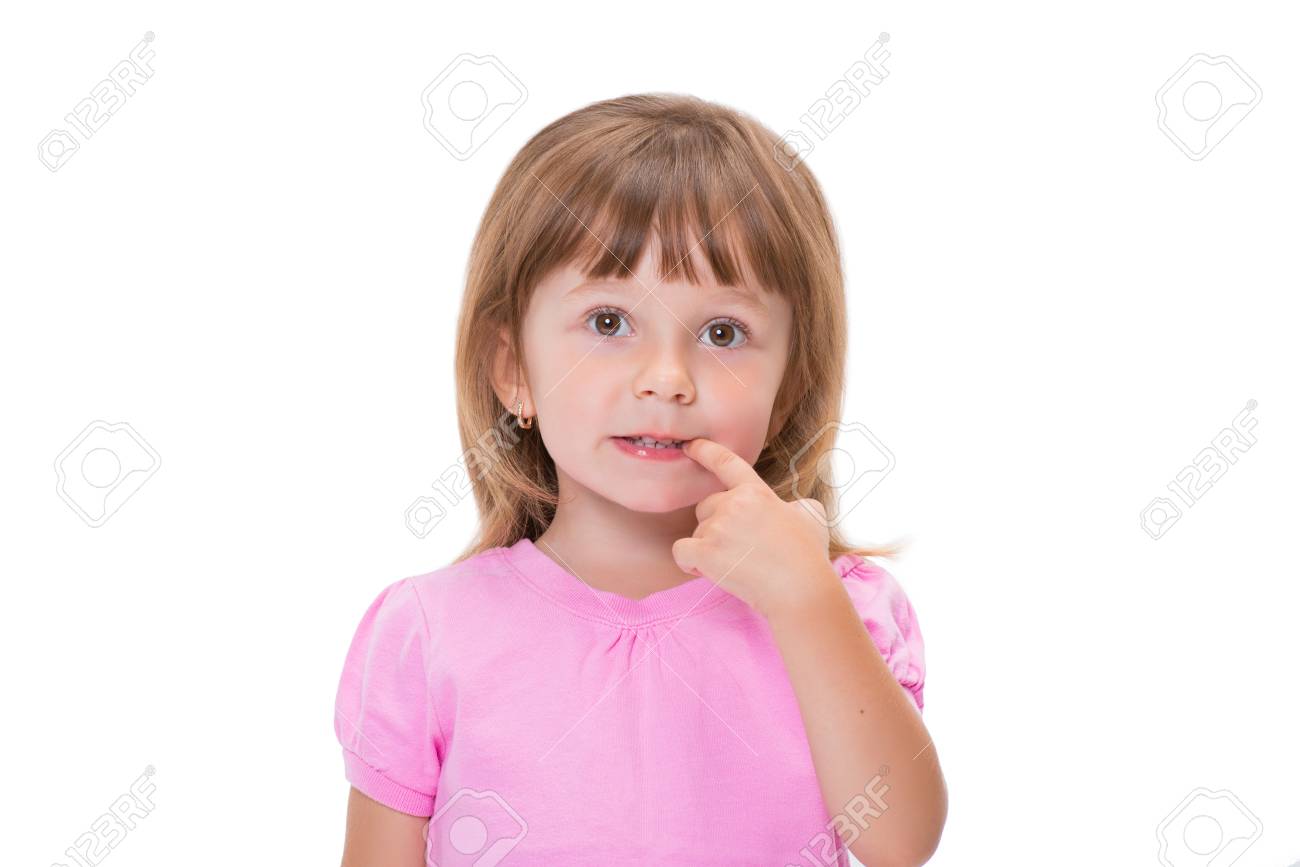 Cute Little Girl 3 Year Old In Pink T Shirt Holds Fingers In Stock Photo Picture And Royalty Free Image Image 120324432
