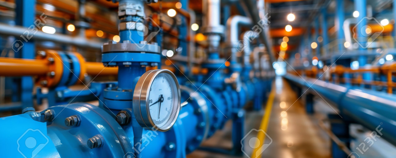 Manometer strategically placed providing crucial measurements of pressure device monitors flow of fluids through intricate web of pipes - 226189667