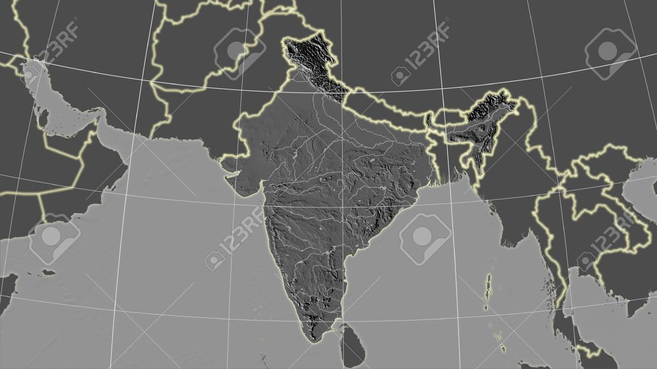 India Area Map In The Azimuthal Equidistant Projection Bilevel Elevation Map Overlay With Clean Background Borders And Graticule Stock Photo Picture And Royalty Free Image Image 152872057 Ehl 2017-2022 Map
