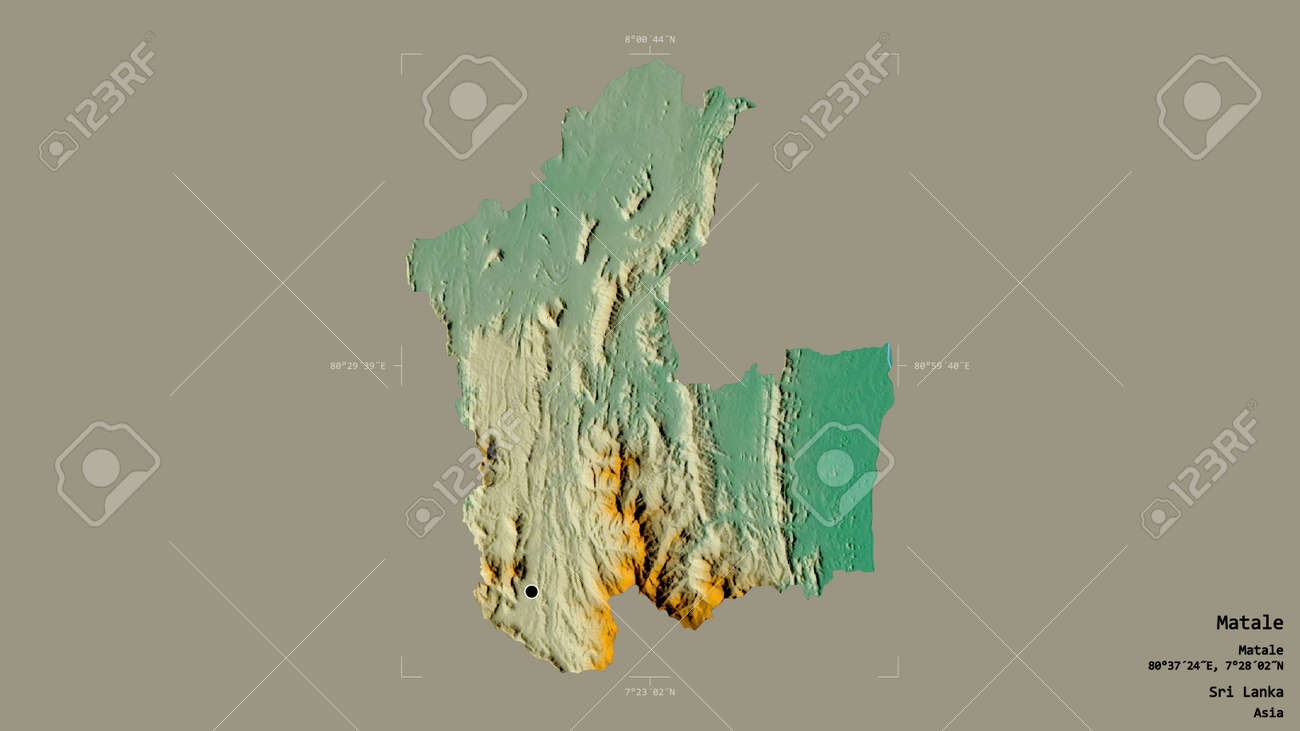 Matale Sri Lanka Map Area Of Matale, District Of Sri Lanka, Isolated On A Solid Background In A  Georeferenced Bounding Box. Labels. Topographic Relief Map. 3D Rendering  Stock Photo, Picture And Royalty Free Image. Image 153730549.