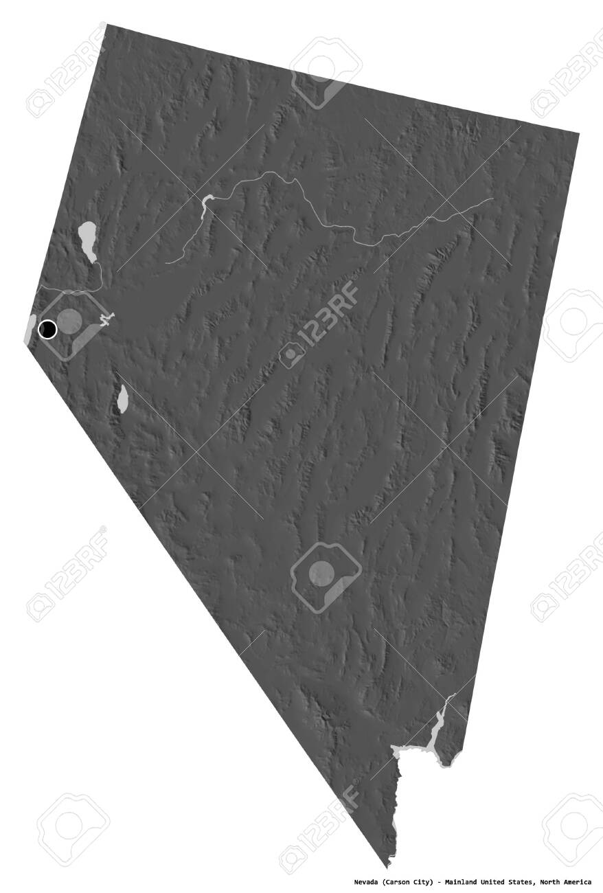 Shape of Nevada, state of Mainland United States, with its capital isolated on white background. Bilevel elevation map. 3D rendering - 154479446 Shape of Nevada, state of Mainland United States, with its capital isolated on white background. Bilevel elevation map. 3D rendering - 154479446