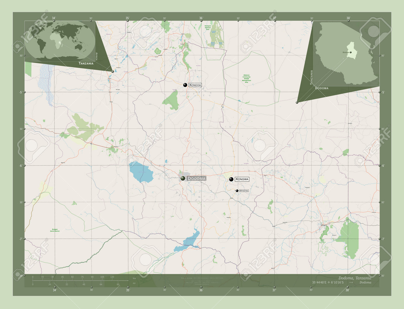 Dodoma, Region Of Tanzania. Open Street Map. Locations And Names Of Major  Cities Of The Region. Corner Auxiliary Location Maps Stock Photo, Picture  and Royalty Free Image. Image 199307987., image size:1300x994