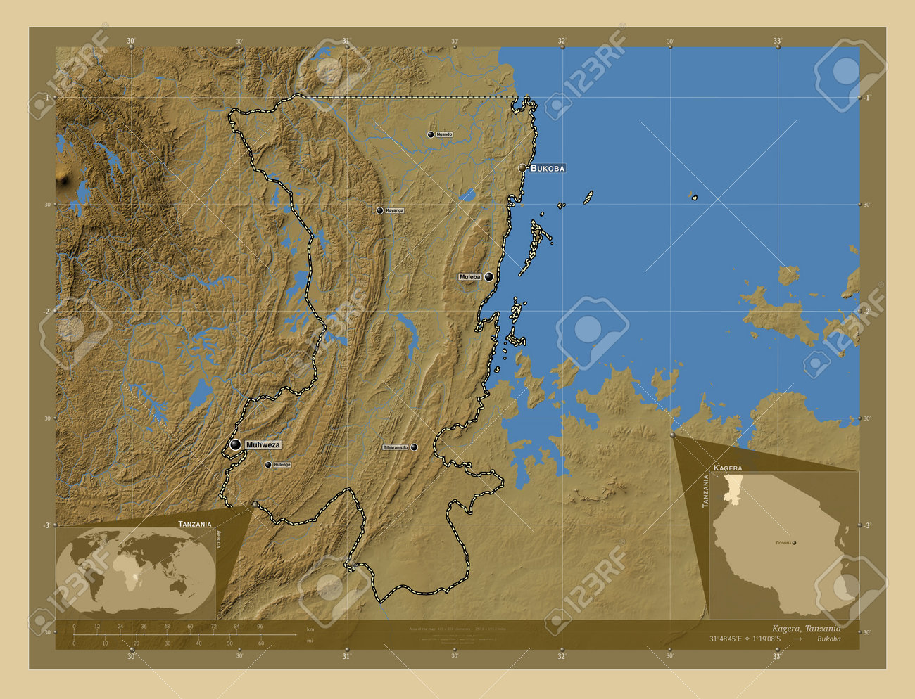 Kagera, Region Of Tanzania. Colored Elevation Map With Lakes And Rivers.  Locations And Names Of Major Cities Of The Region. Corner Auxiliary  Location Maps Stock Photo, Picture and Royalty Free Image. Image, image size:1300x994
