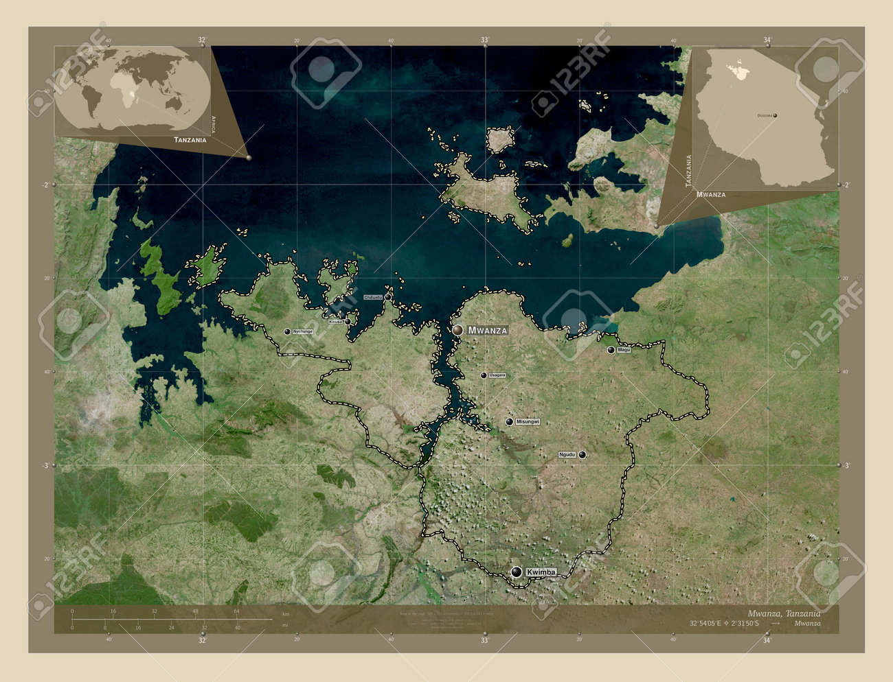 Mwanza, Region Of Tanzania. High Resolution Satellite Maps. Locations And  Names Of Major Cities Of The Region. Corner Auxiliary Location Maps Stock  Photo, Picture and Royalty Free Image. Image 199308165., image size:1300x994