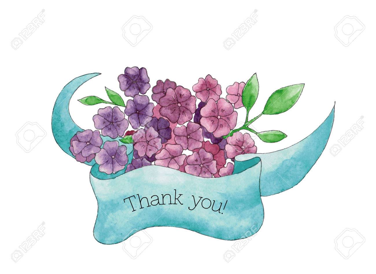 ありがとう 手でカードには グリーティング カード 招待状 ウェディング カード 誰かに感謝するあなたの個人的な設計のため ブルーのリボンと紫の花の花束が描かれています のイラスト素材 ベクタ Image