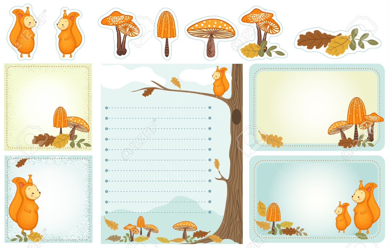 set of stationery with squirrel mushrooms autumn leaves autumn autumn stationery