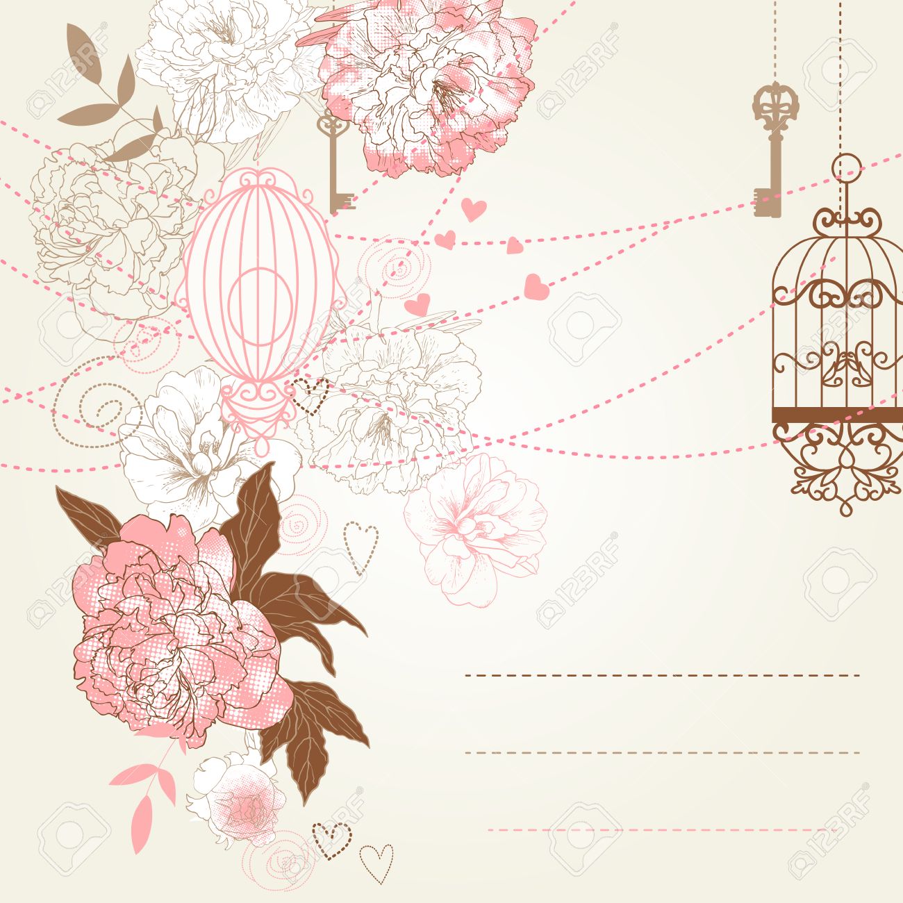 Belle Carte Avec Des Cages à Oiseaux Horloge Des Clés Des Pivoines