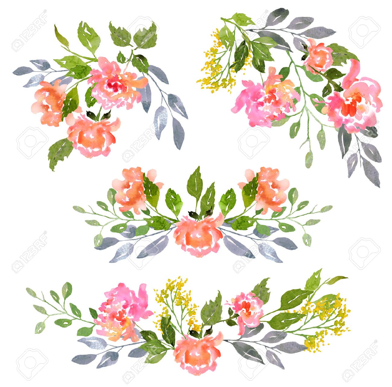 floral clip art with watercolor peonies illustration for greeting