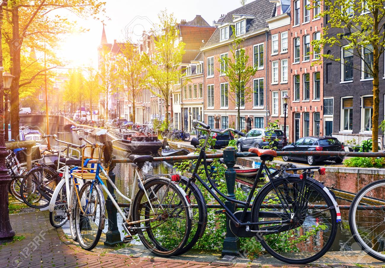 Bike Over Canal Amsterdam City Picturesque Town Landscape In