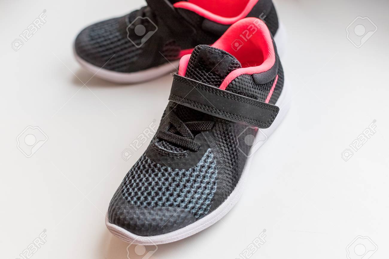 New Pink Black Sport Shoes Isolated On White Background Kids