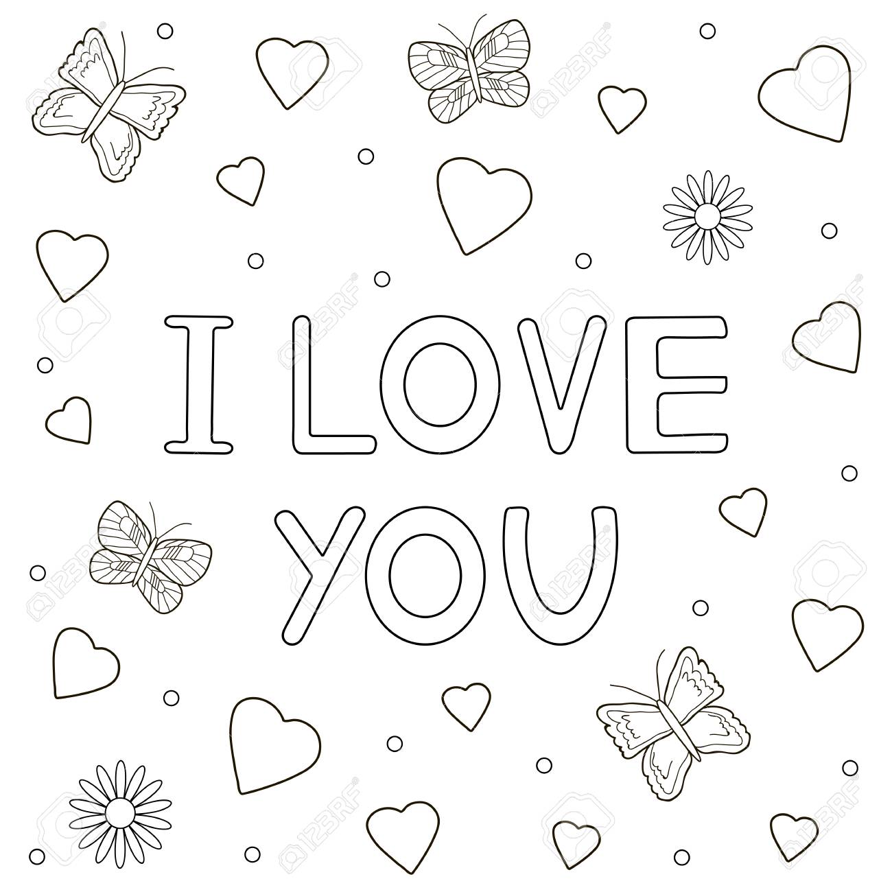 I Love You Hand Drawn Text Hearts And Butterflies Coloring Royalty Free Cliparts Vectors And Stock Illustration Image 82236064