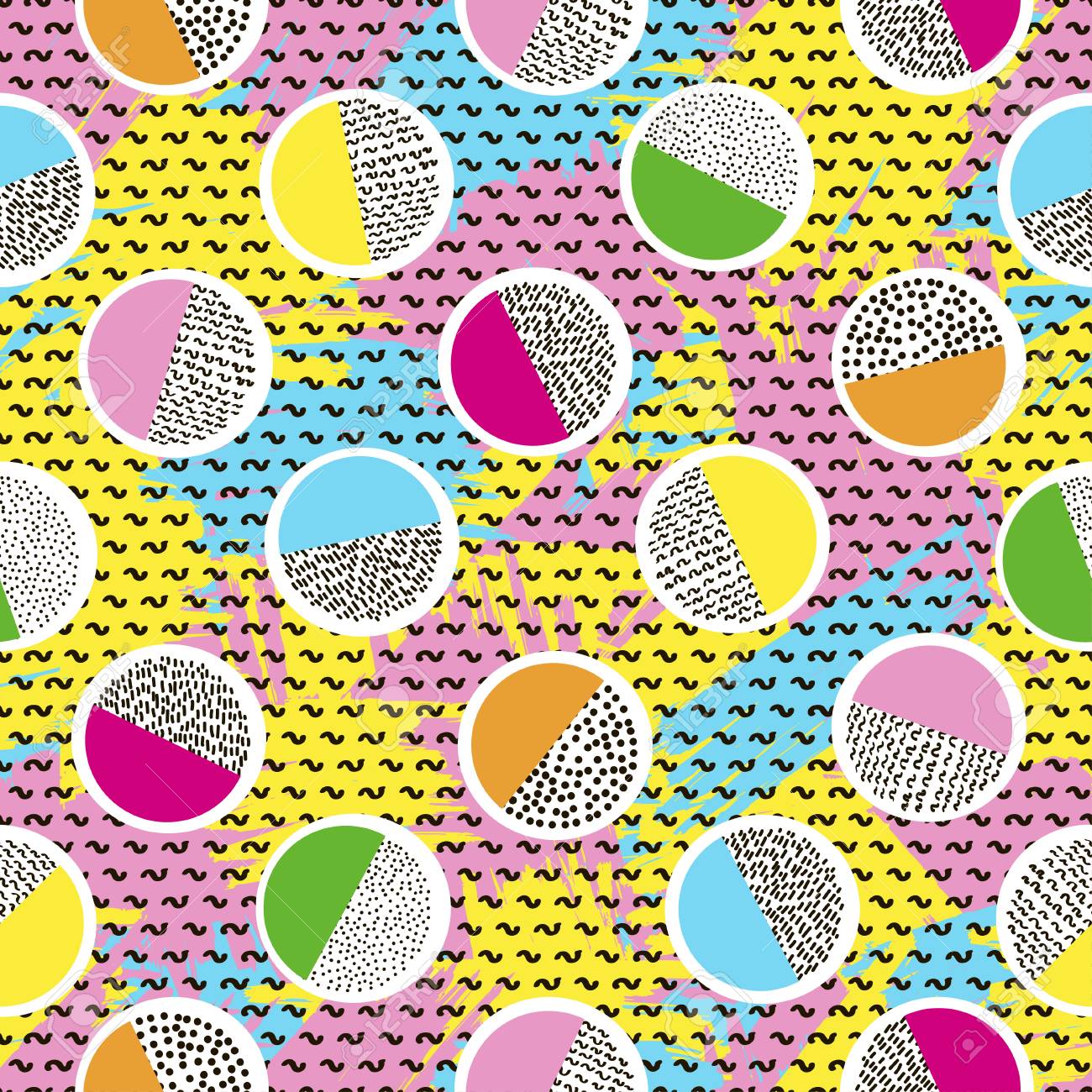 Colorful seamless pattern from circles on the bright brush strokes background and black dots. 80's - 90's years design style. Trendy. Vector illustration - 97575900 Colorful seamless pattern from circles on the bright brush strokes background and black dots. 80's - 90's years design style. Trendy. Vector illustration - 97575900