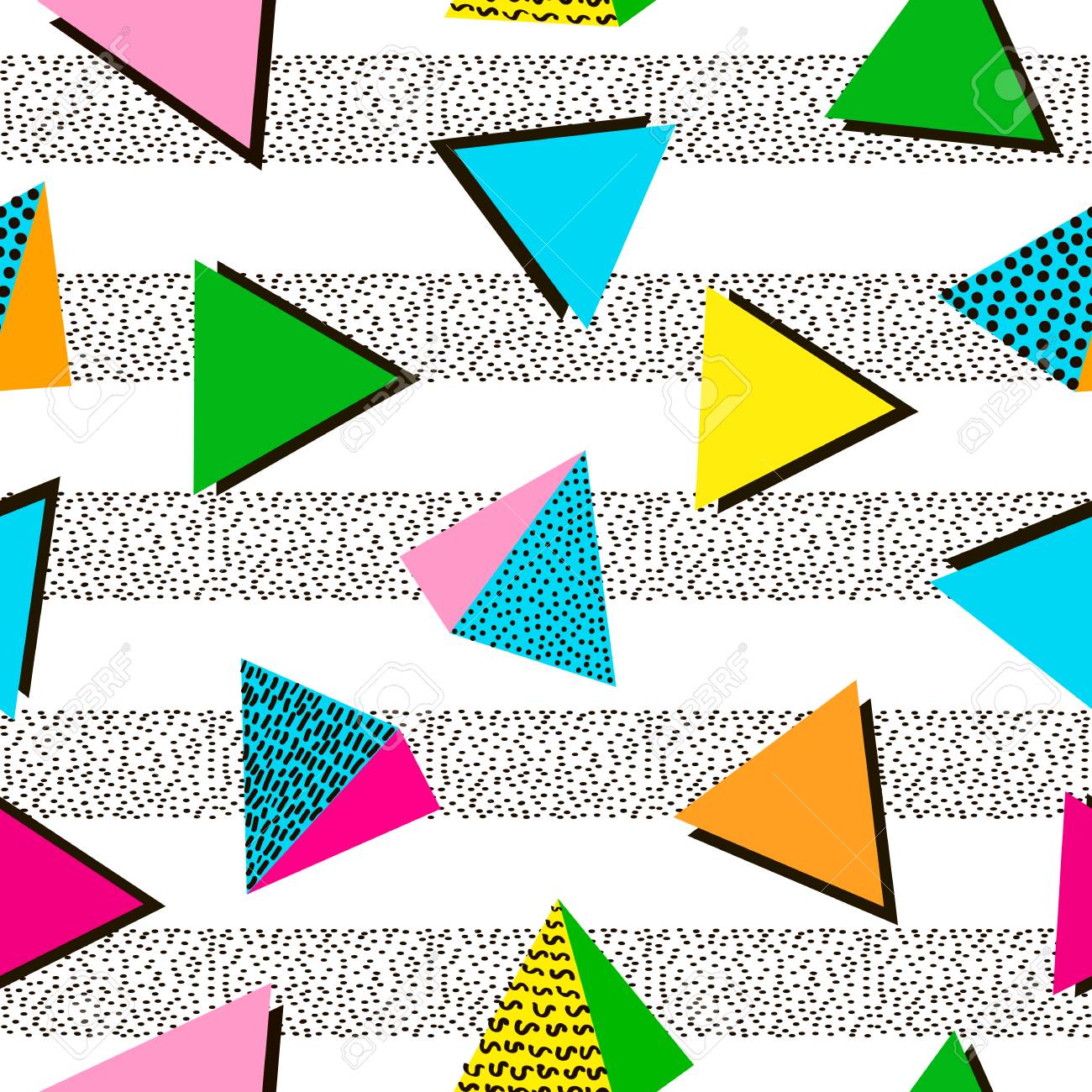 Colorful geometric seamless pattern. Bright background. 80's - 90's years design style. Trendy. Vector illustration - 97575901 Colorful geometric seamless pattern. Bright background. 80's - 90's years design style. Trendy. Vector illustration - 97575901