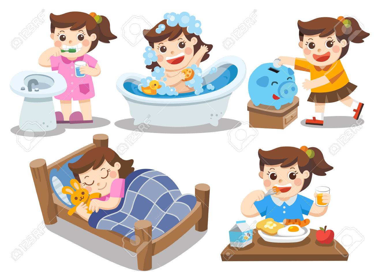 foto de archivo la rutina diaria de una linda chica sobre un fondo blanco dormir cepillarse los dientes tomar un bao comer ahorrar dinero