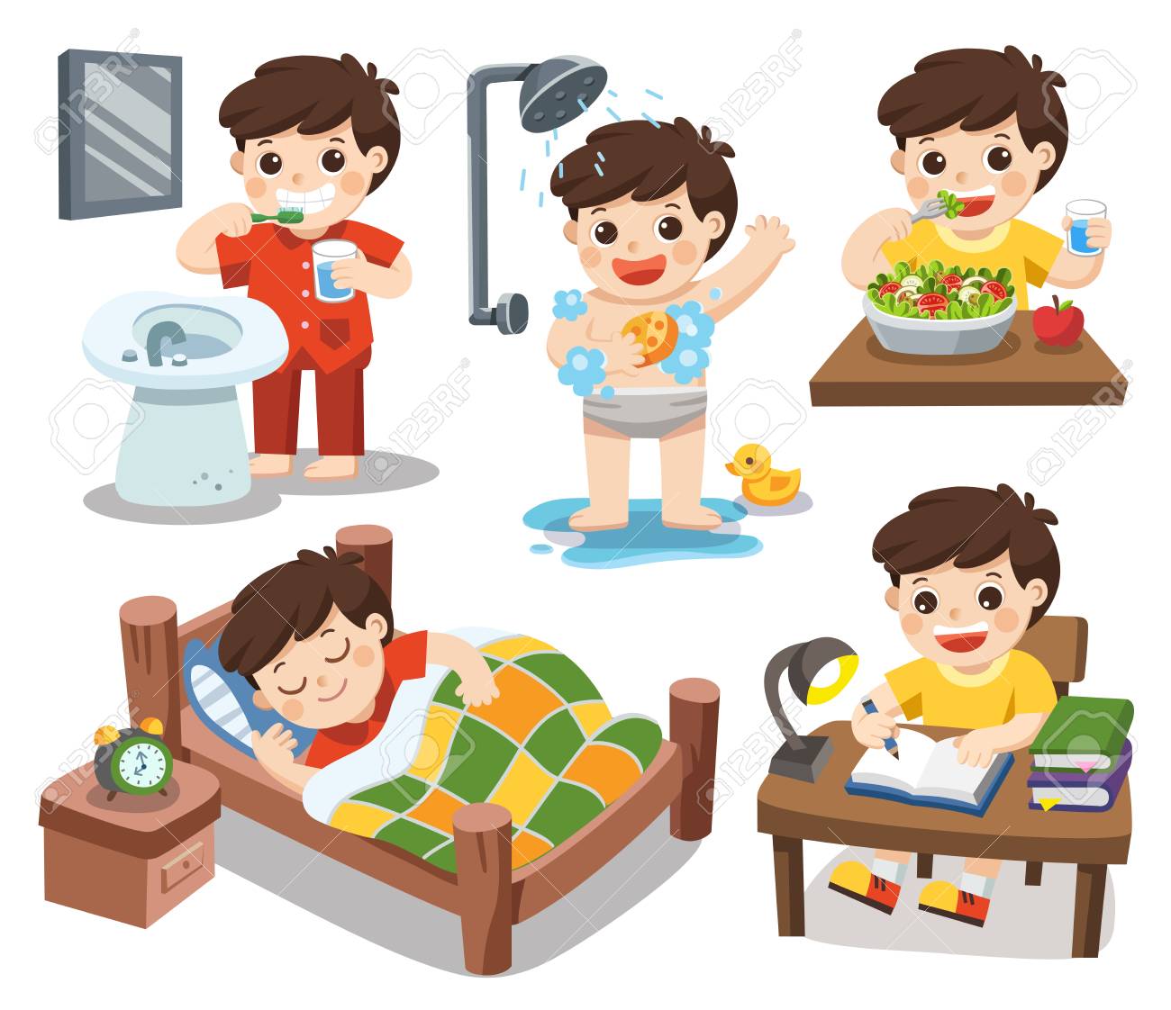 foto de archivo vector aislado la rutina diaria de un nio lindo en un fondo blanco dormir cepillarse los dientes tomar una ducha comer ensalada