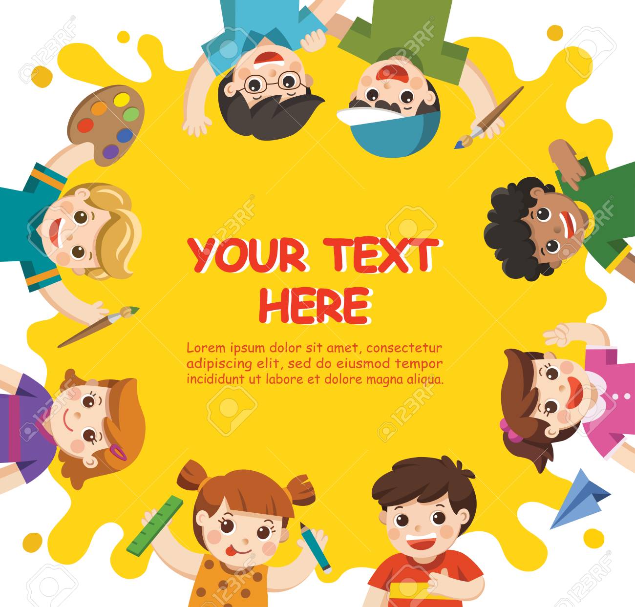 学校に戻るアートキッズします かわいい子供たちは 楽しいし 一緒に絵を取得する準備ができています 広告パンフレットのテンプレートです 子供が興味を持って調べる のイラスト素材 ベクタ Image