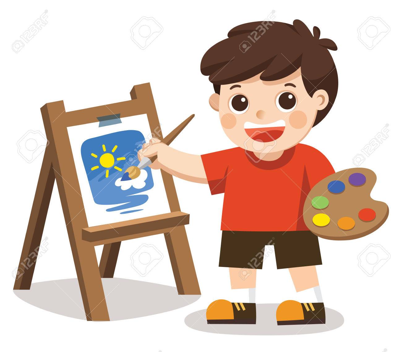 かわいいアーティスト少年絵花キャンバス上です 分離ベクトルのイラスト素材 ベクタ Image