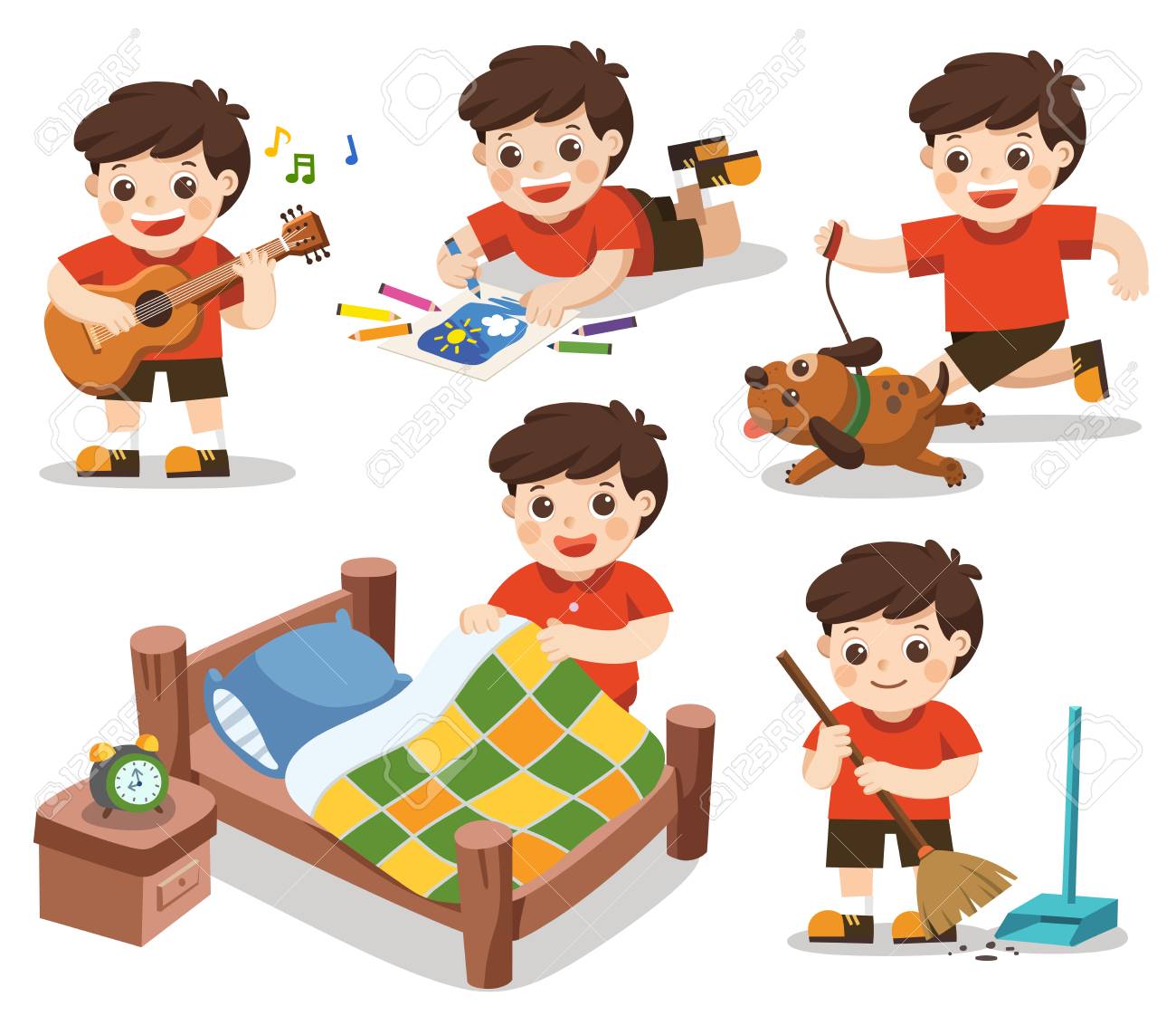 Isolated Vector The Daily Routine Of A Cute Boy On A White Background Make A Bed Do Homework Drawing Play Guitar Run With His Dog Clean Royalty Free Cliparts Vectors And Isolated Vector The Daily Routine Of A Cute Boy On A White Background Make A Bed Do Homework Drawing Play Guitar Run With His Dog Clean Royalty Free Cliparts Vectors And