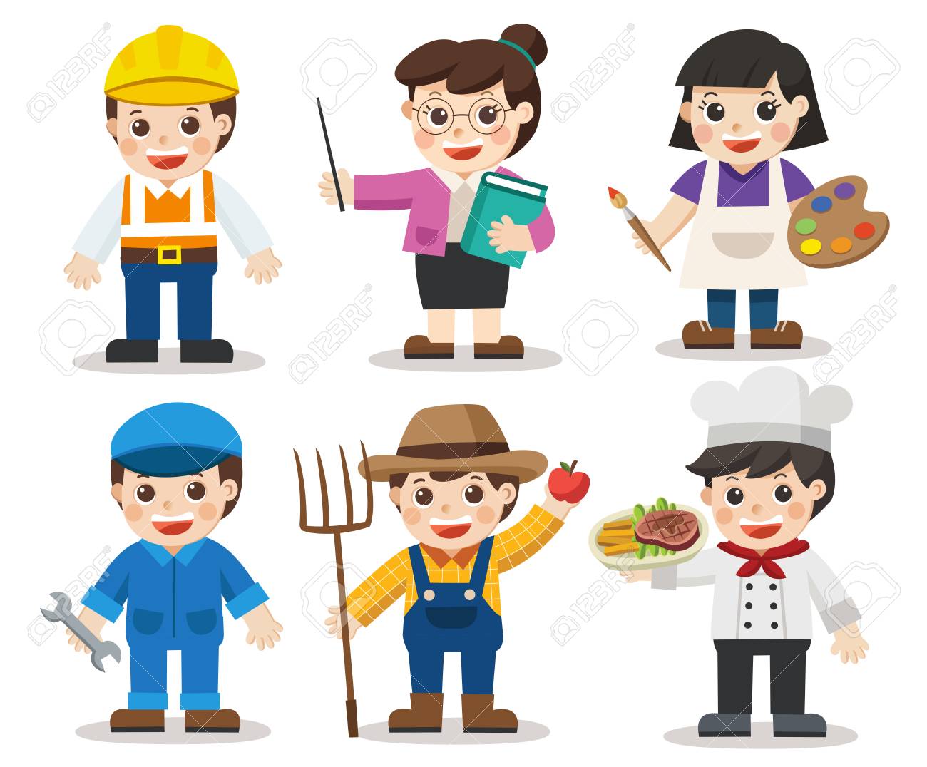kid set of different professions artist teacher mechanic