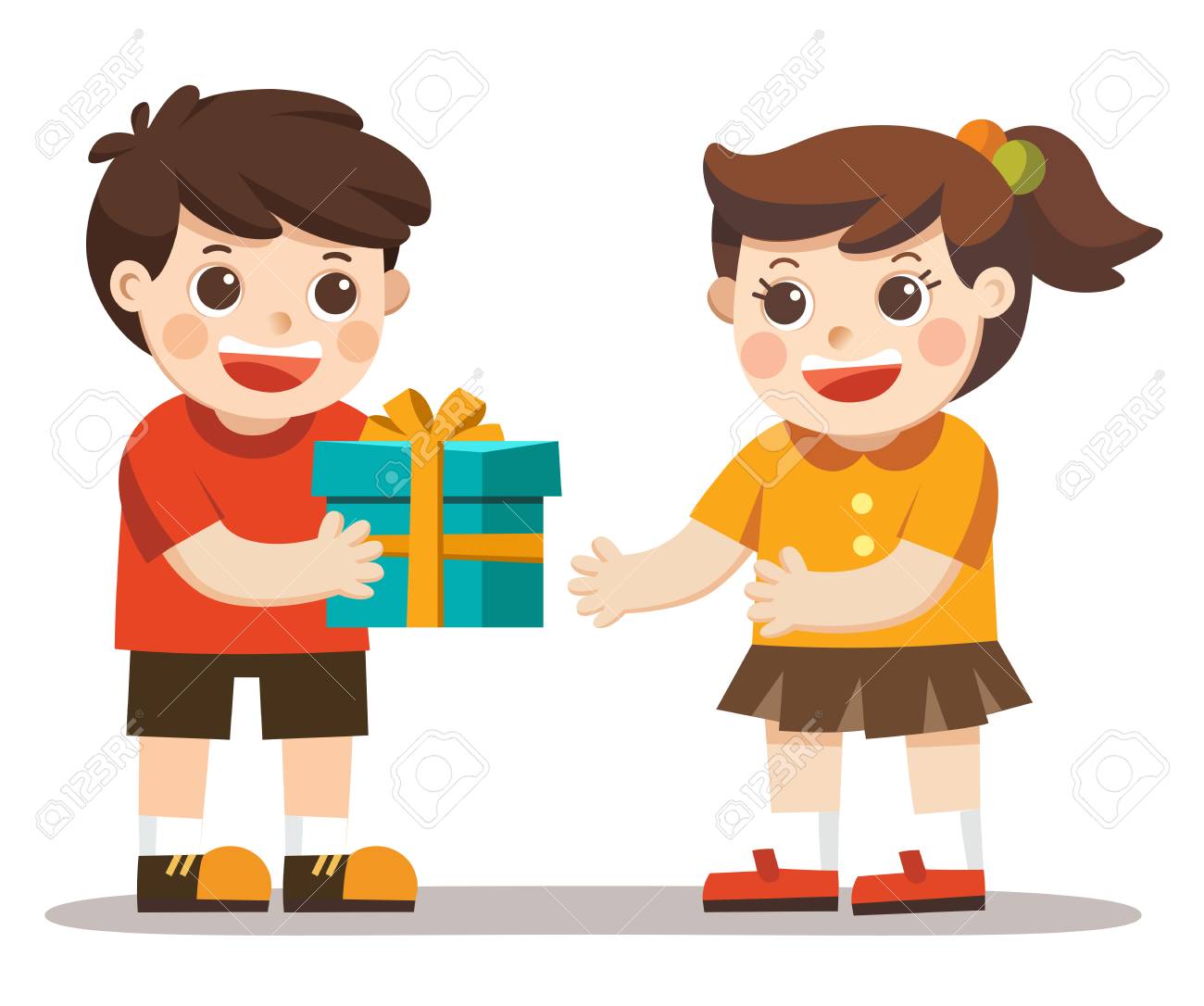 A Little Boy Giving Girl Birthday Gift Box Kid Hand Over Holiday Royalty Free Cliparts Vectors And Stock Illustration Image 109774902