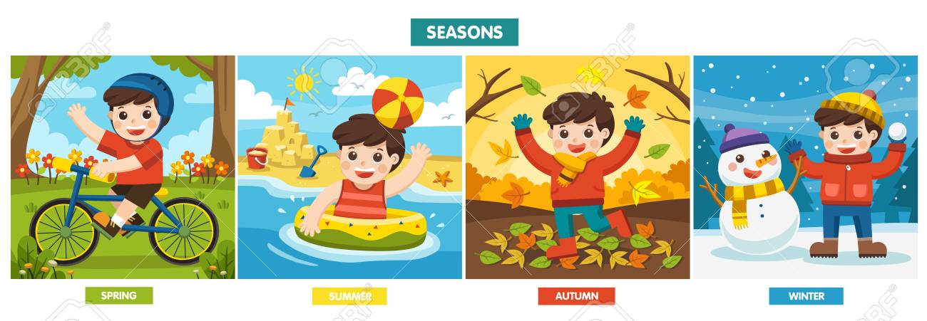Illustration Of Four Seasons and weather. A Cute boy playing in different seasons. - 126462626 Illustration Of Four Seasons and weather. A Cute boy playing in different seasons. - 126462626