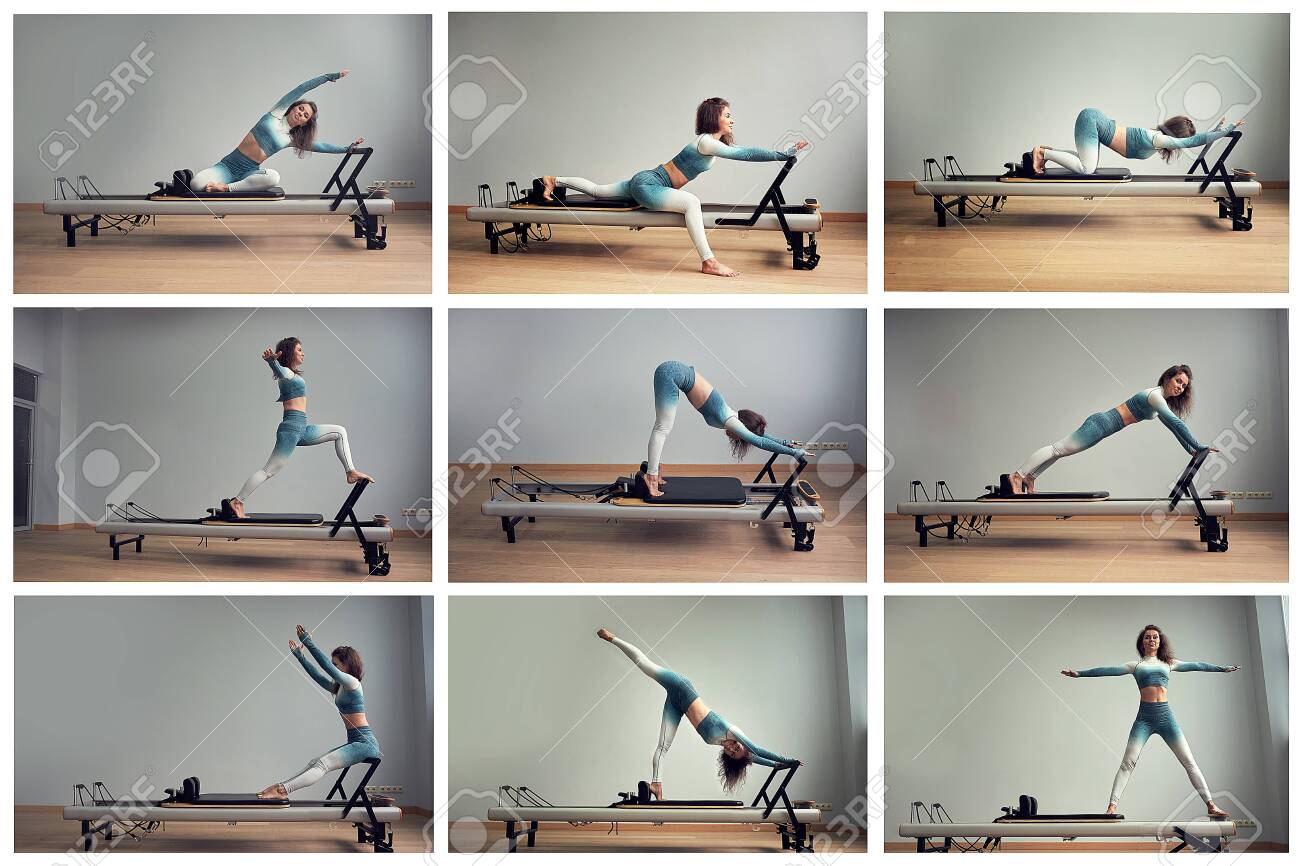 Collage Of Different Yoga Poses By Young Woman Doing Pilates Exercises Lying On Pilates Workout Machines Stock Photo Picture And Royalty Free Image Image 136184855