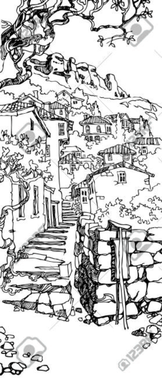 旧市街の黒と白のデザインのイラスト 階段と Ink Sityscape と手書きのスケッチのイラスト素材 ベクタ Image 37444569