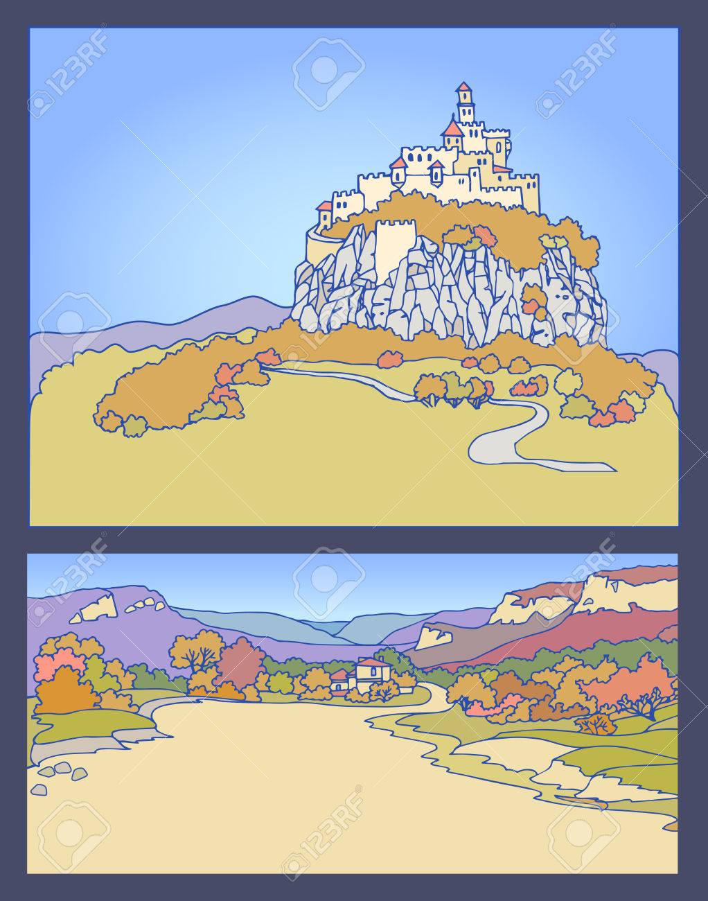 崖の上の要塞山の風景 インクと手書きのスケッチ 道路や山の秋の山の風景 のイラスト素材 ベクタ Image 崖の上の要塞山の風景 インクと手書きのスケッチ 道路や山の秋の山の風景 のイラスト素材 ベクタ Image