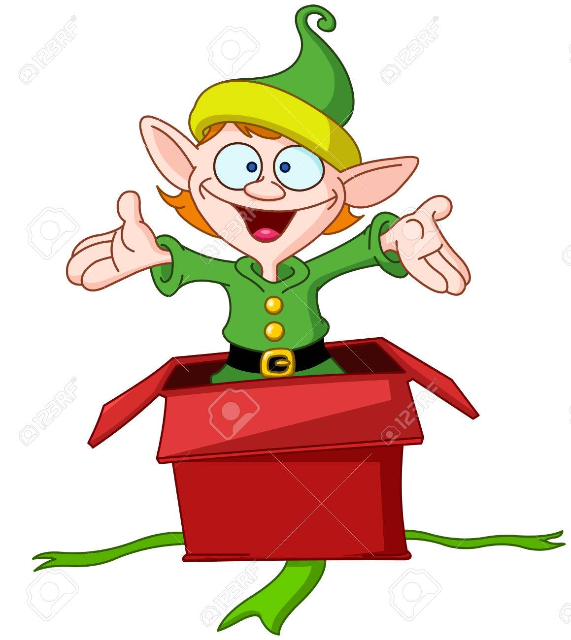 クリスマス ギフト用の箱から飛び出る幸せなエルフのイラスト素材 ベクタ Image