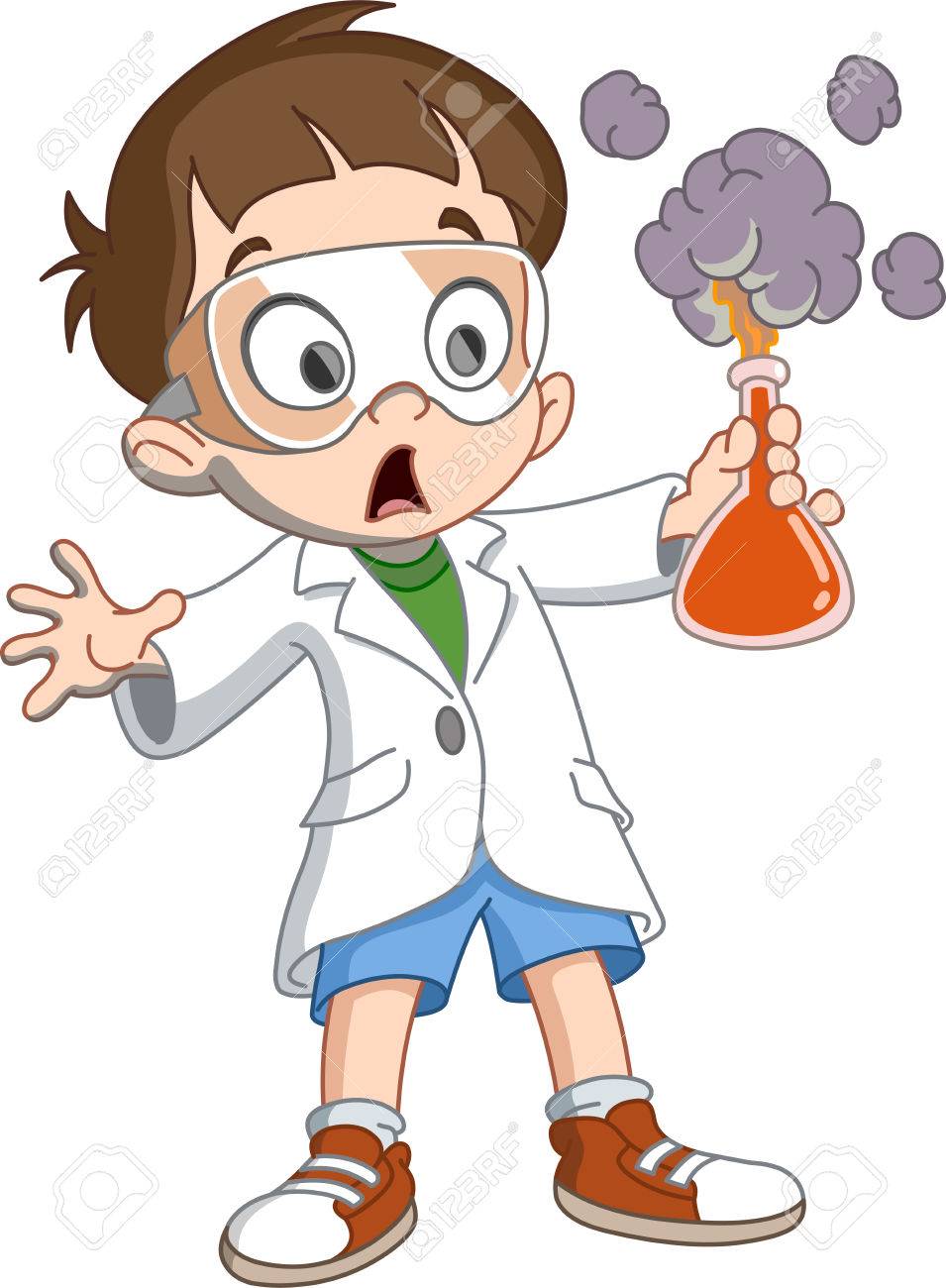 爆発のテスト チューブを保持している科学者の子供のイラスト素材 ベクタ Image