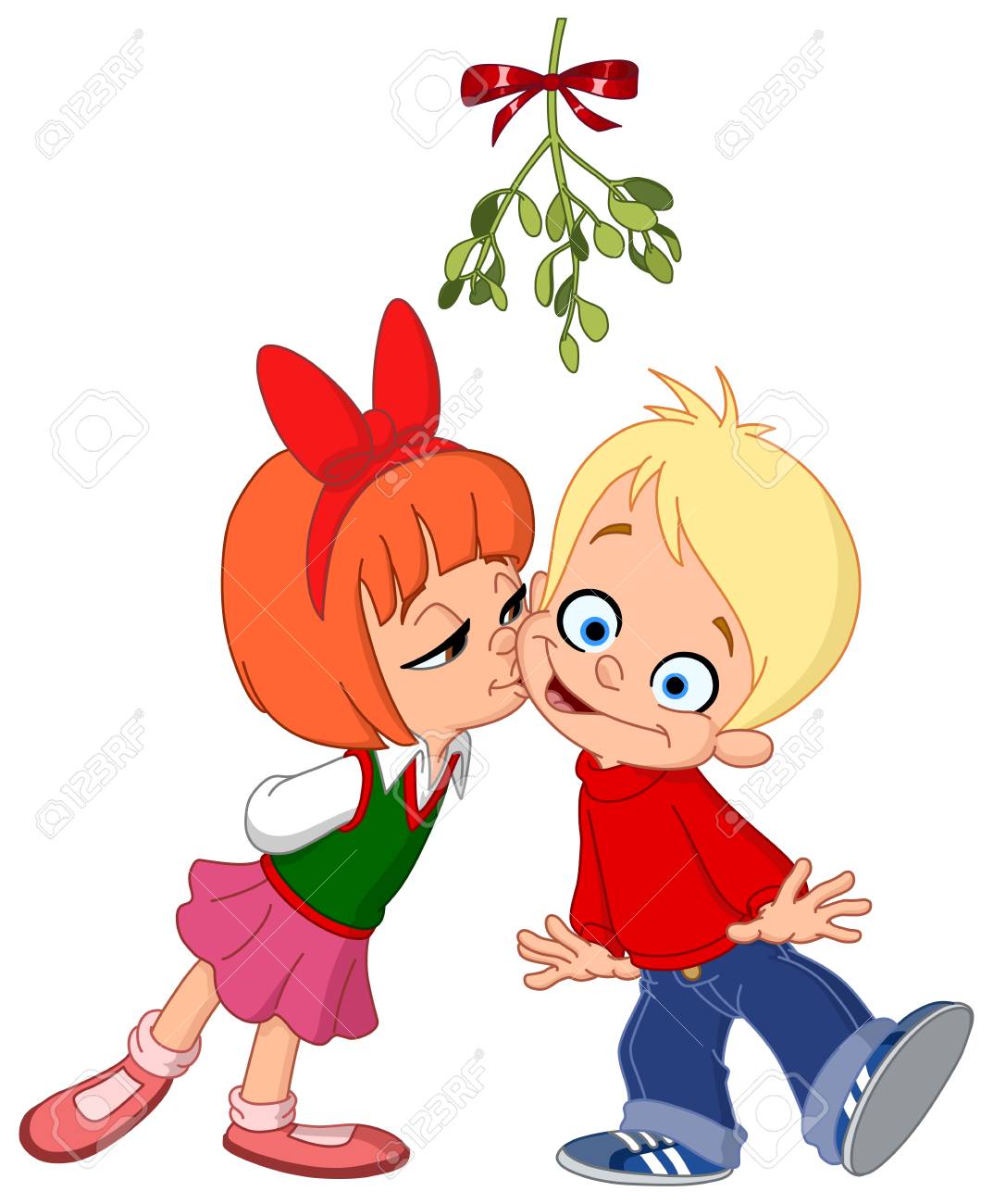 クリスマスは 女の子と男の子のヤドリギの下での漫画スタイル イラストをデザイン のイラスト素材 ベクタ Image クリスマスは 女の子と男の子のヤドリギの下での漫画スタイル イラストをデザイン のイラスト素材 ベクタ Image