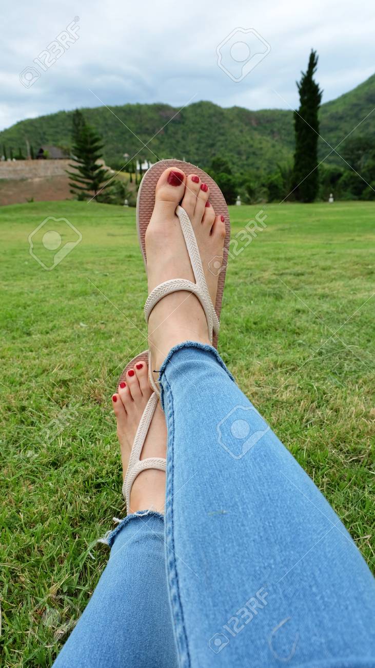 Feet Selfie In Gold Sandals Standing On 
