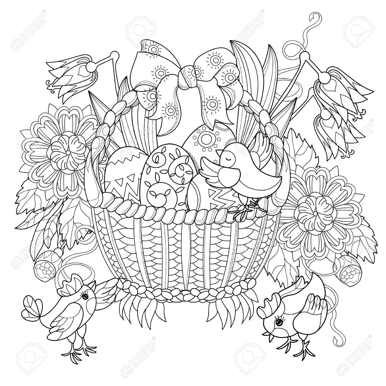Hand Drawn Doodle Outline Easter Eggs In Basket With Chicken Decorated OrnamentsVector Illustration