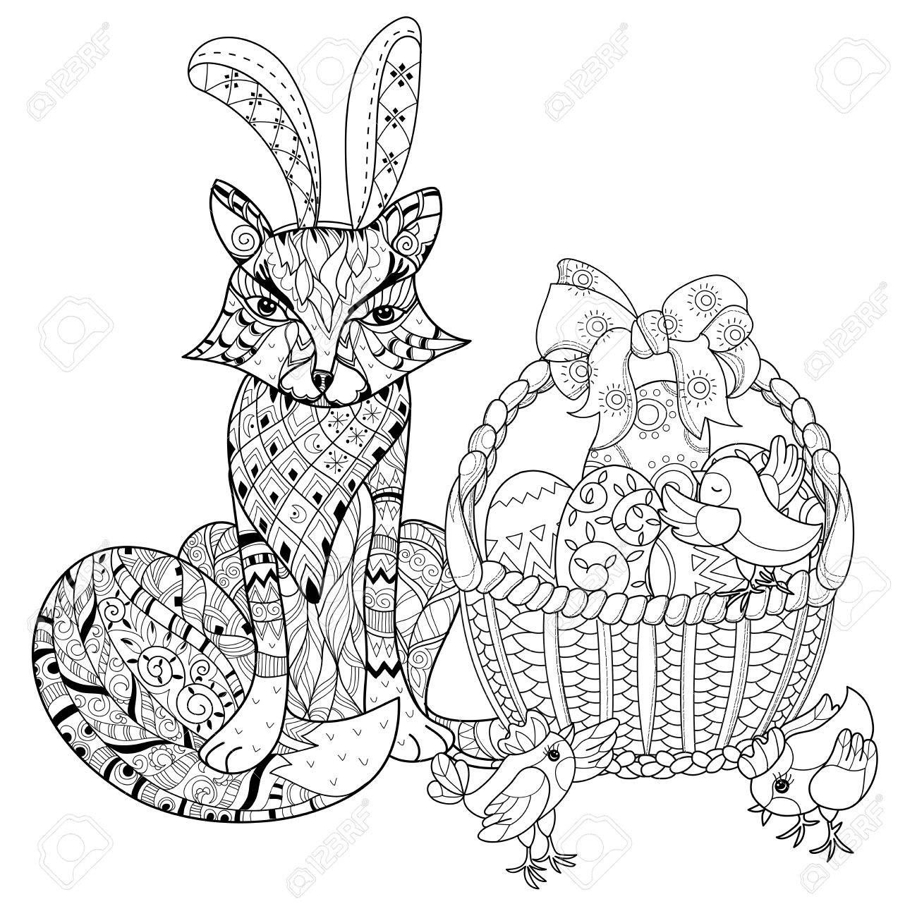 Hand Drawn Doodle Outline Easter Eggs In Basket With Chicken And Fox Decorated Ornaments