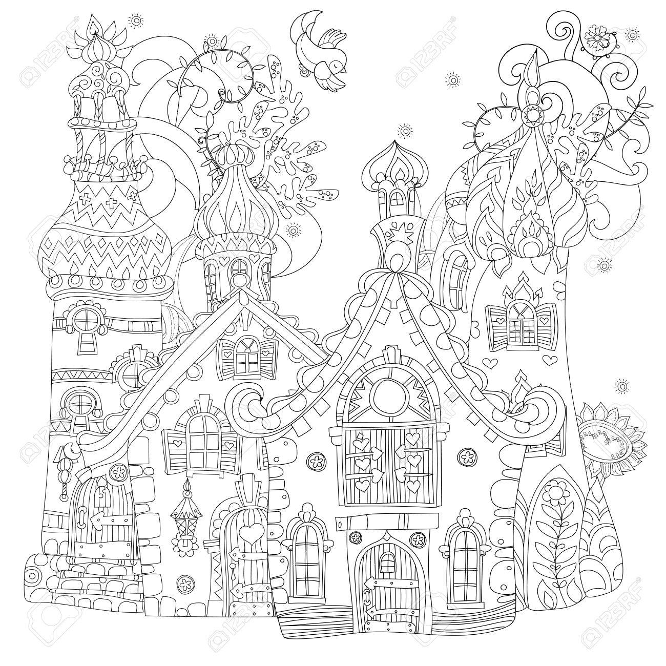 かわいいおとぎ話町の落書きイラスト はがき印刷や大人の塗り絵をスケッチします のイラスト素材 ベクタ Image